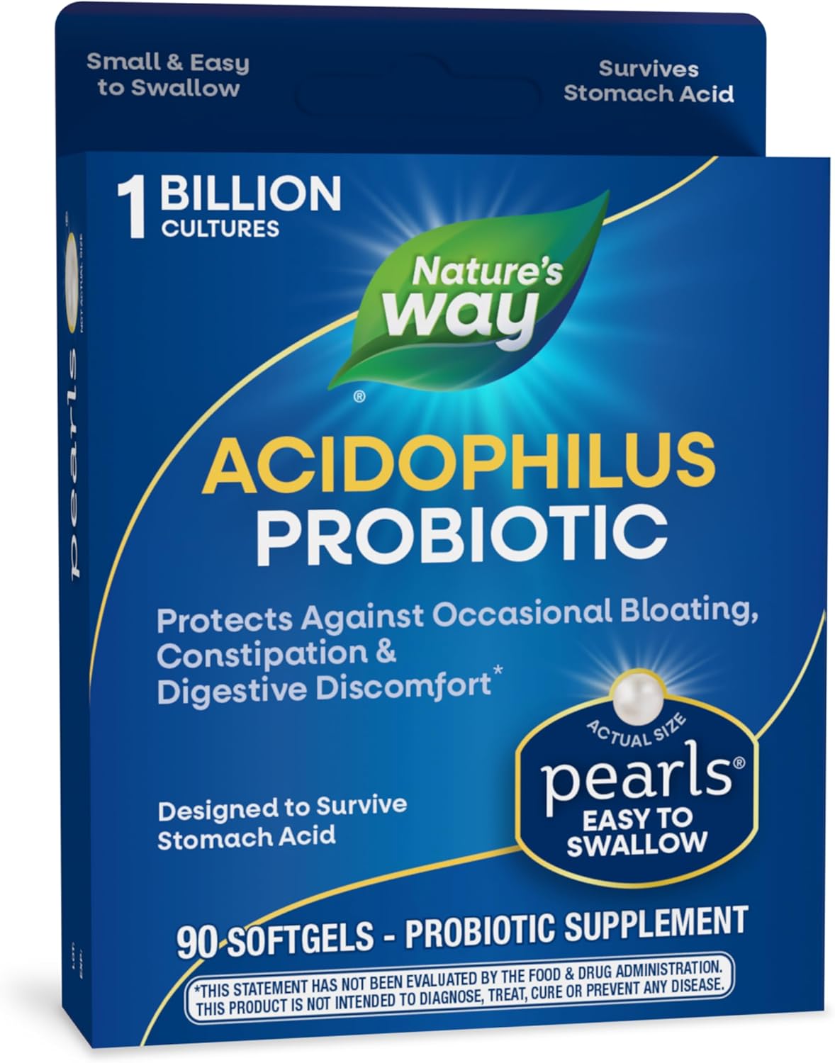 Nature’s Way Acidophilus Probiotic Pearls, Supports Digestive Balance and Gut Health*, Protects Against Occasional Constipation and Bloating*, 1 Billion Live Cultures, 90 Softgels (Packaging May Vary)