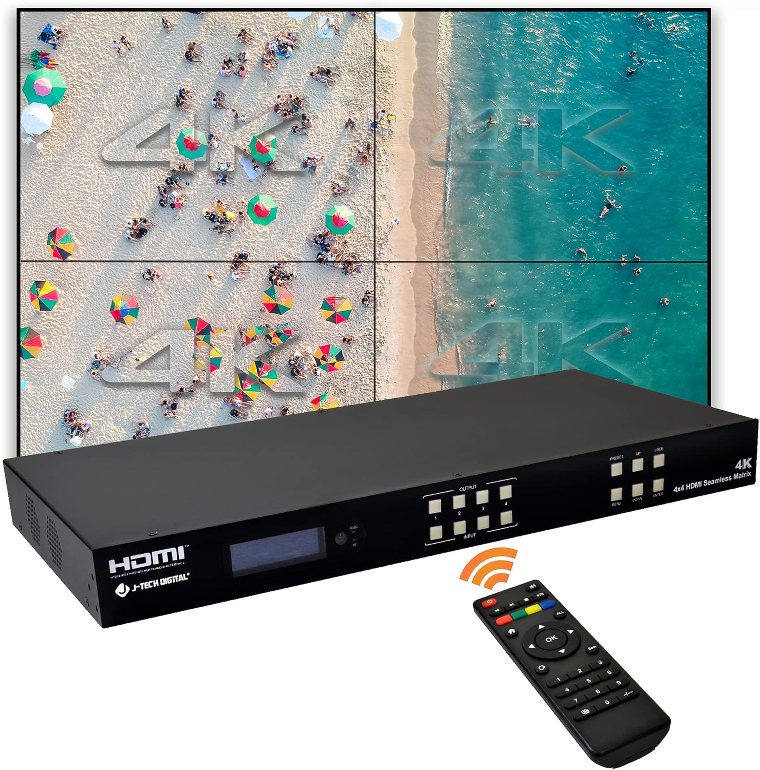 J-Tech Digital 4k 2×2 4K60Hz HDMI Video Wall Controller Multiviewer Seamless Switch Matrix | 4K60Hz Input and 4K30Hz Output, Supports HDMI, HDCP, RS-232, LAN, Downscale & Upscale, Web Control