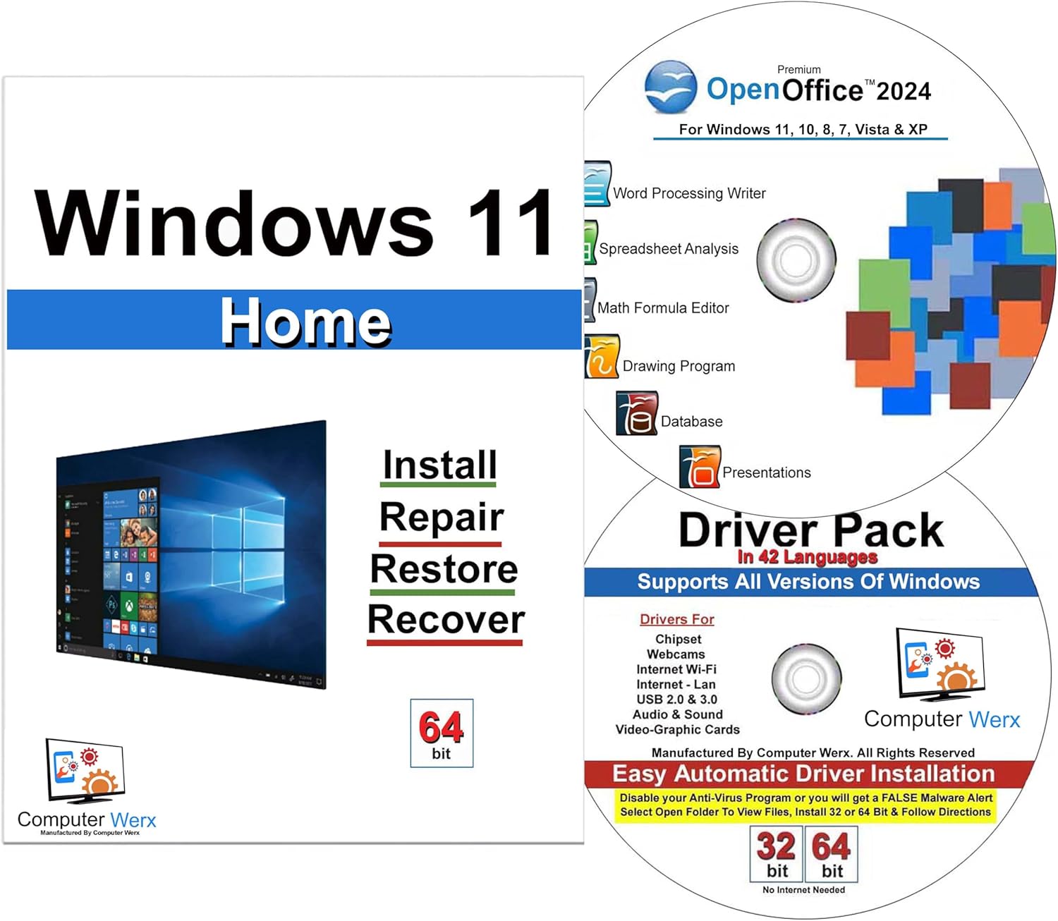 Computer Werx Compatible with Windows 11 Home 64 Bit repair DVD with key, install, recover & restore DVD plus Open Office 2024 & Drivers pack DVD