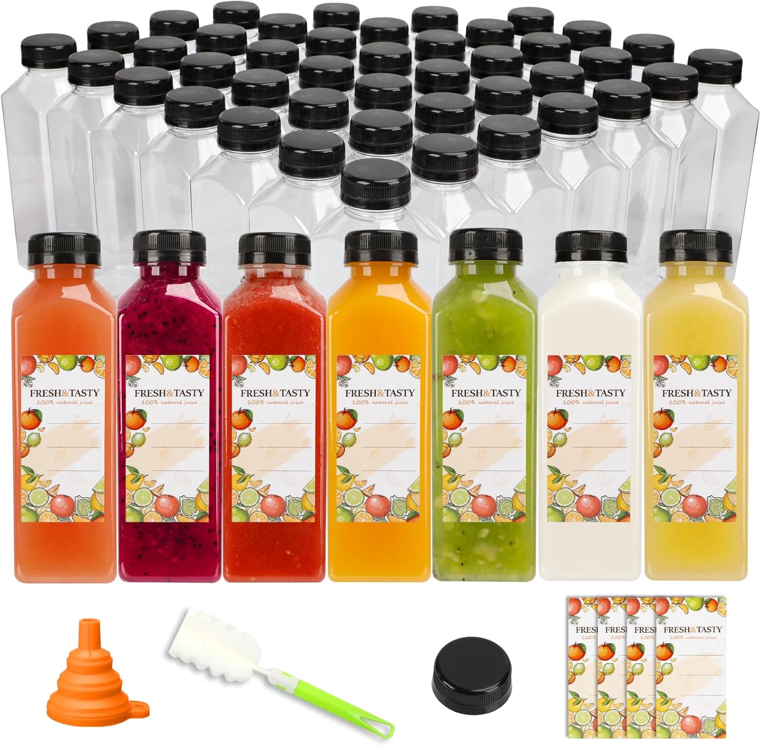 TOMNK 100pcs Plastic Bottles with Caps, 16oz Juice Bottles, Juice Bottles with Caps with Black Caps Juice Bottles with Label, Funnel and Brush Beverage Containers for Juicing, Smoothies, Tea, Milk