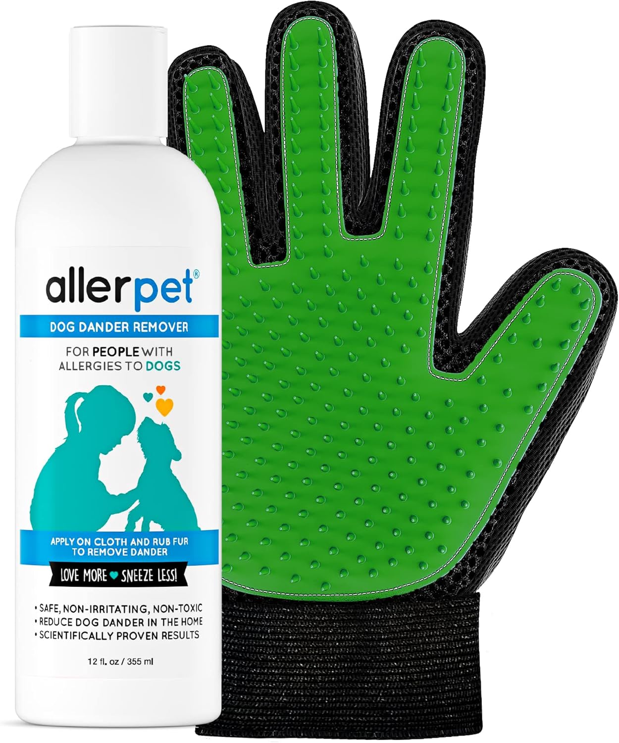 Allerpet Dog Dander Remover w/Free Grooming Glove – Best Pet Dander Remover for Allergens – for Canine Dry Skin Treatment – Good for Fur & Skin – (12oz)