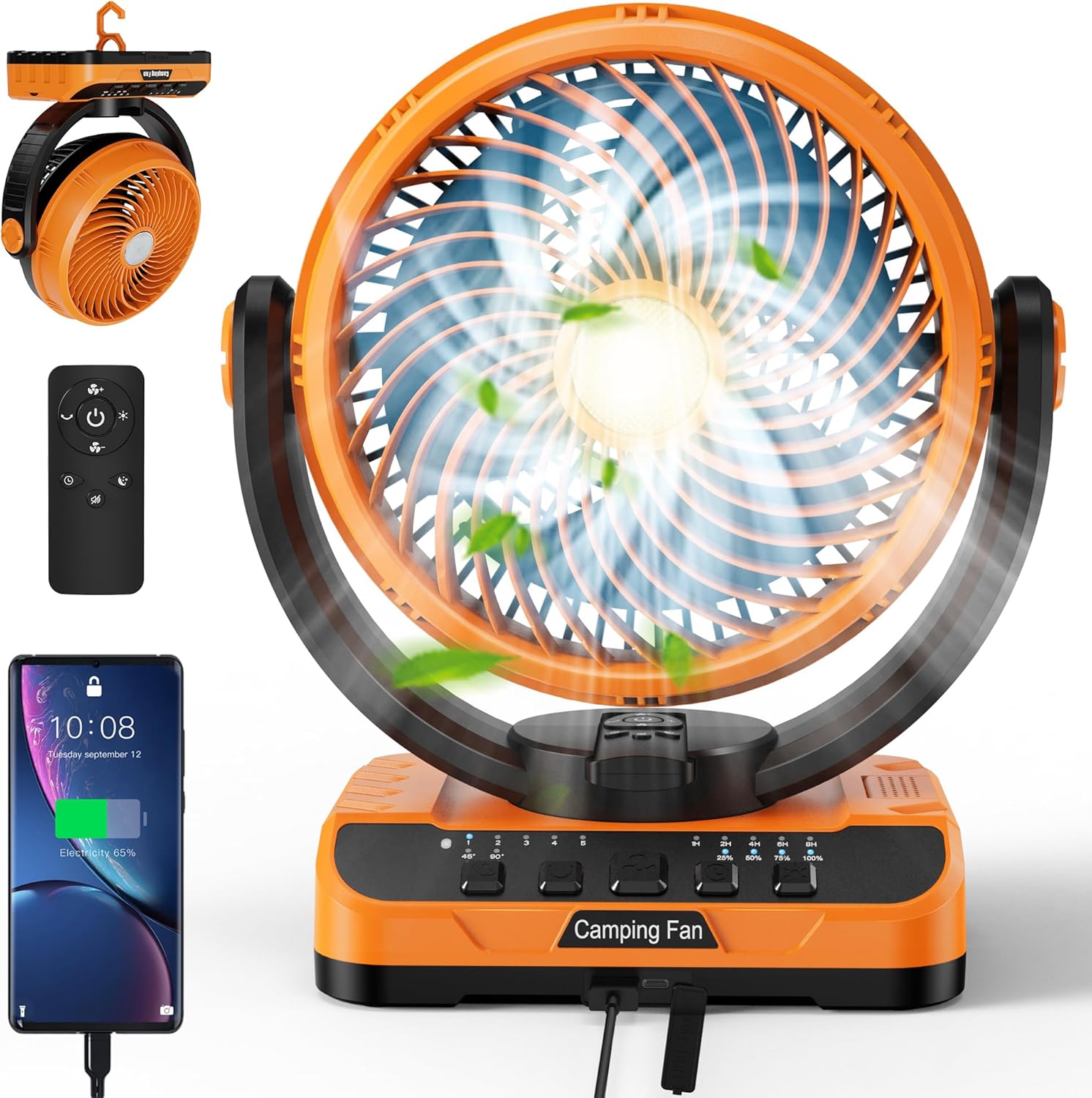 40000mAh Battery Operated Fan Remote & Oscillating, Rechargeable Fan with LED Lantern, Timer, Hanging Hook, USB-C Charging, Battery Powered Table Fan for Home Camping RV Travel Hurricane Emergency