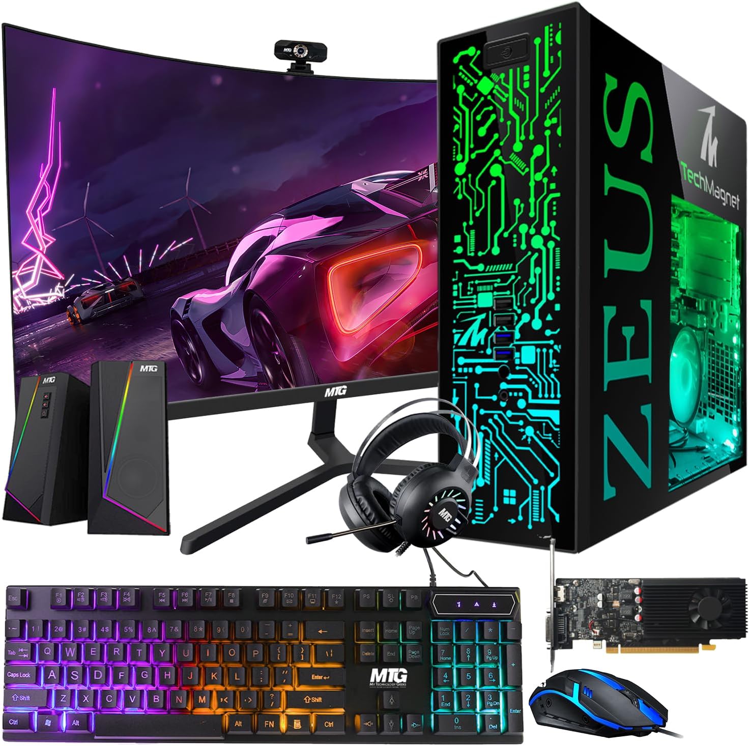 TechMagnet Gaming Desktop PC, Intel i5 4th Gen, Zeus Pro 4, GT 1030 2GB DDR5, 8GB RAM ARGB, 256GB SSD + 1TB HDD, MTG 24 Inch Curved Gaming Monitor, RGB Kit, Win 10 Pro (Renewed)