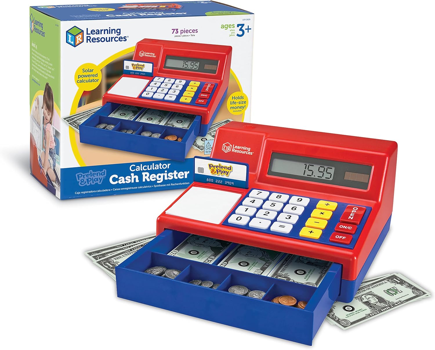 Learning Resources Pretend & Play Calculator Cash Register – 73 Pieces, Ages 3+ Develops Early Math Skills, Play Cash Register for Kids, Toy Cash Register, Play Money for Kids