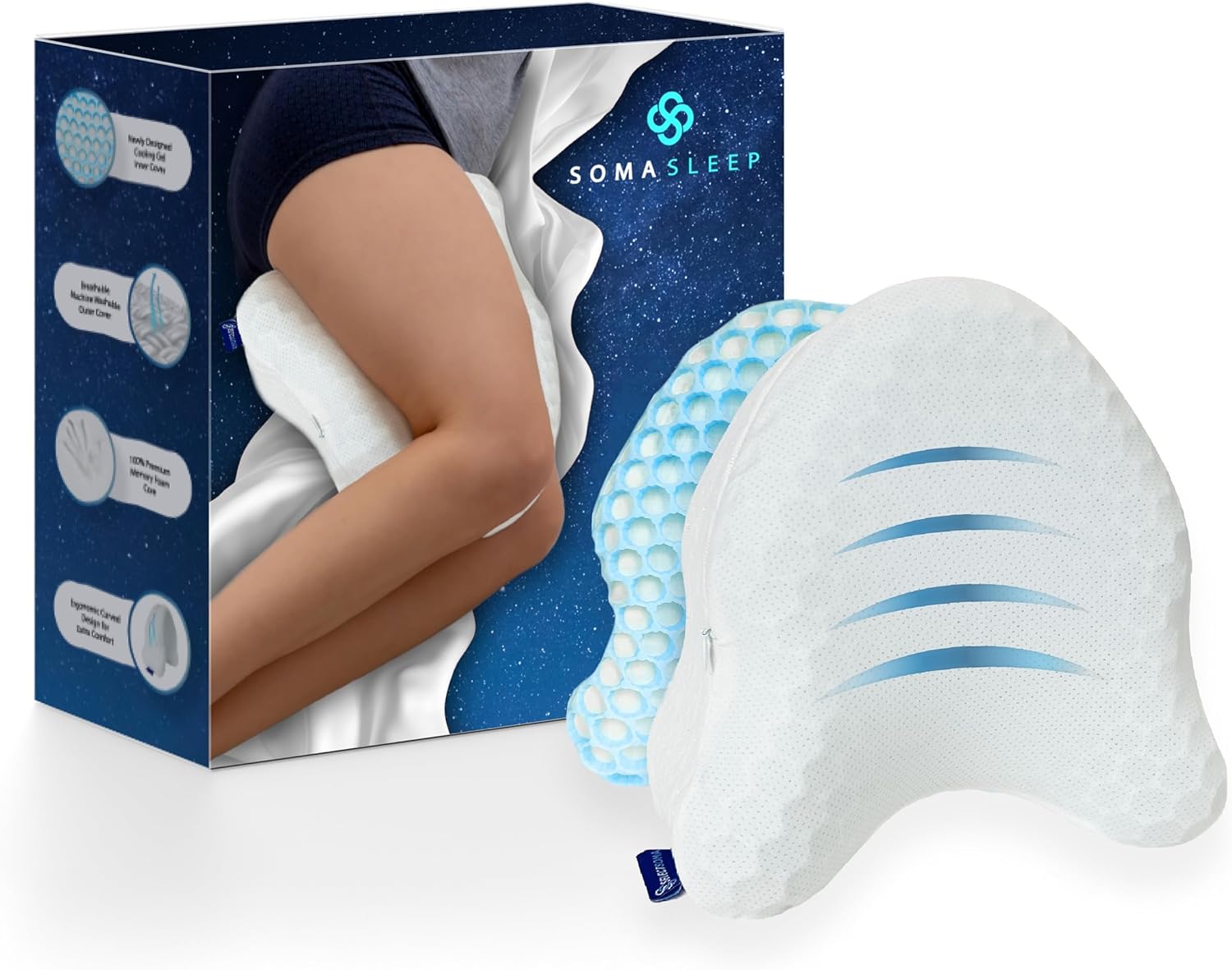 SelectSoma Memory Foam Knee Pillow for Side Sleepers with Cooling Gel Cover – Soothing Pain Relief for HIPS, Back, Joints, Knees – Cooling Body Positioner for Sleeping, Resting, Maternity