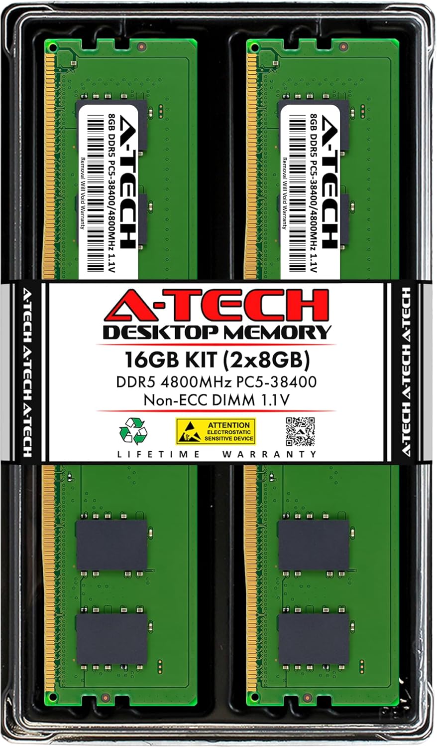 A-Tech 16GB Kit (2x8GB) DDR5 4800MHz PC5-38400 CL40 UDIMM 1.1V Non-ECC Unbuffered DIMM 288-Pin Desktop RAM Memory Upgrade Modules