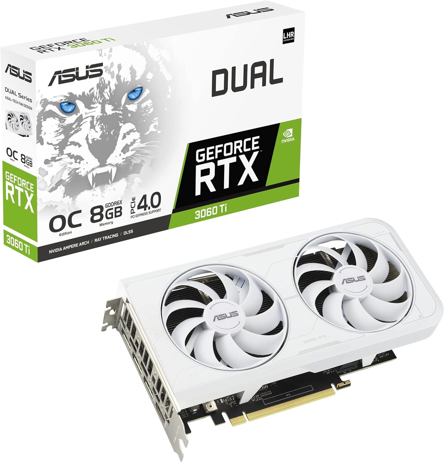 ASUS Dual NVIDIA GeForce RTX 3060 Ti White OC Edition Graphics Card (PCIe 4.0, 8GB GDDR6X Memory, HDMI 2.1, DisplayPort 1.4a, 2-Slot Design, Axial-tech Fan Design, 0dB Technology, and More)