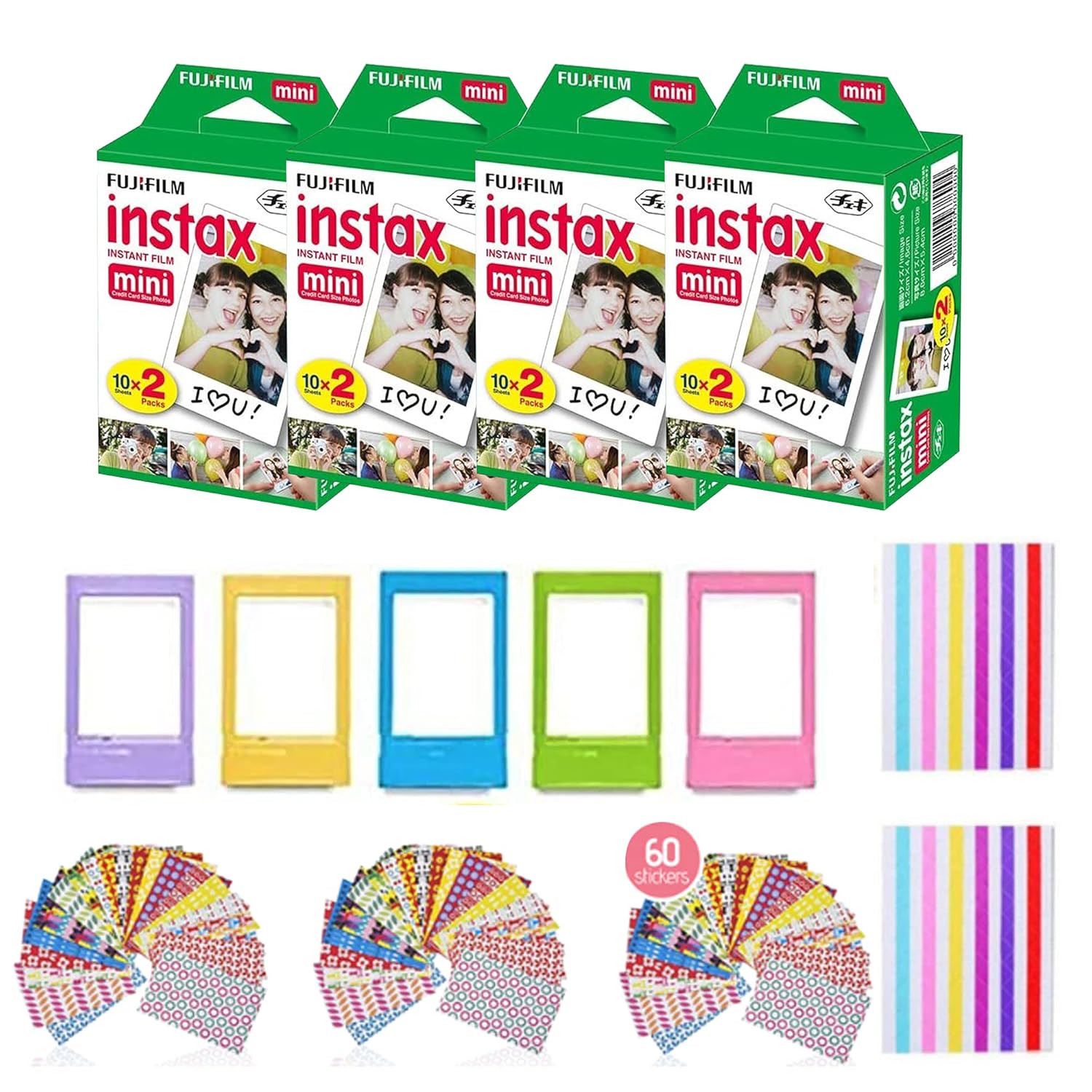 Fujifilm Instax Mini Instant Film (4 Pack, 80 Sheets) 5 Plastic Desk Frames + 60 Sticker Frames + 2 Packs Corner Stickers