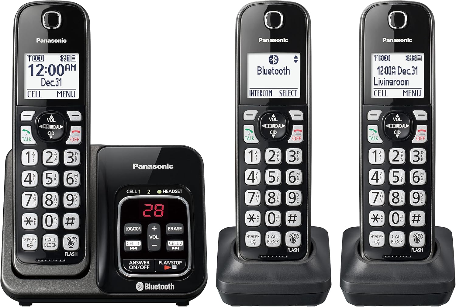 Panasonic Expandable Cordless Phone System with Link2Cell Bluetooth, Voice Assistant, Answering Machine and Call Blocking – 3 Cordless Handsets – KX-TGD663M (Metallic Black)