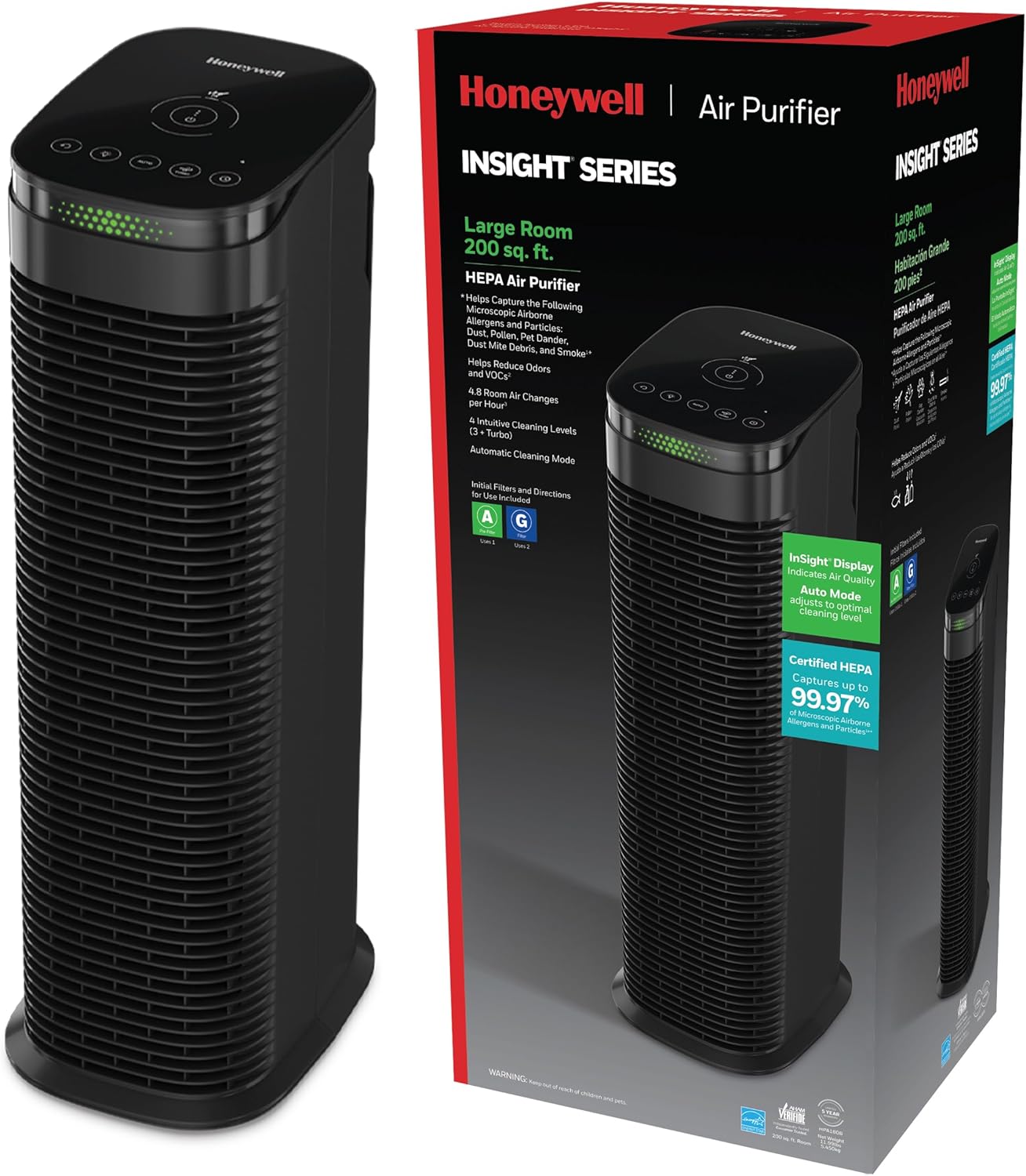 Honeywell InSight HEPA Air Purifier with Air Quality Indicator and Auto Mode, Large Rooms, Bedrooms, Home (200 sq. ft), Black – Reduces Airborne Allergens, Smoke, Dust, Pollen, Pet Dander, HPA180B