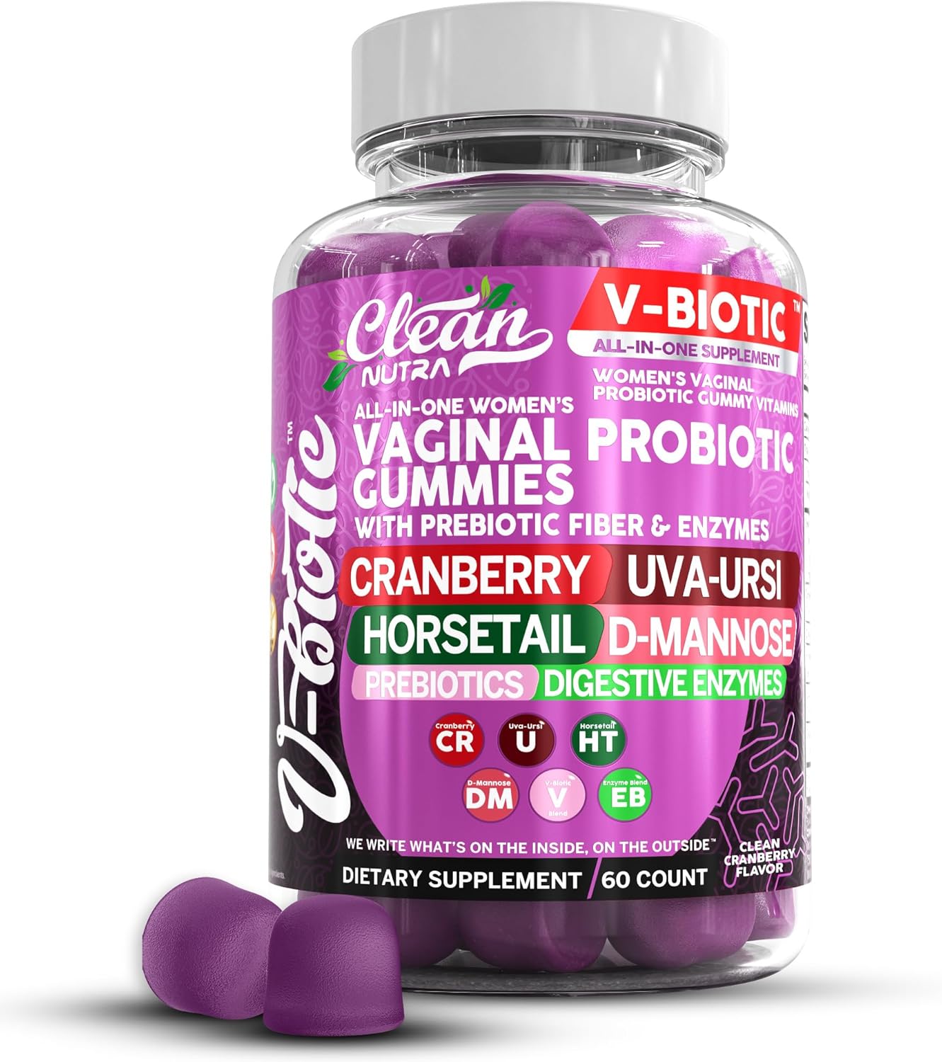 Vaginal Probiotics for Women Gummies with Cranberry, Uva Ursi, Horsetail, D-Mannose, Prebiotics & Digestive Enzymes Women’s Vaginal Health Supplement for pH Balance Flora Odor VBiotic by Clean Nutra