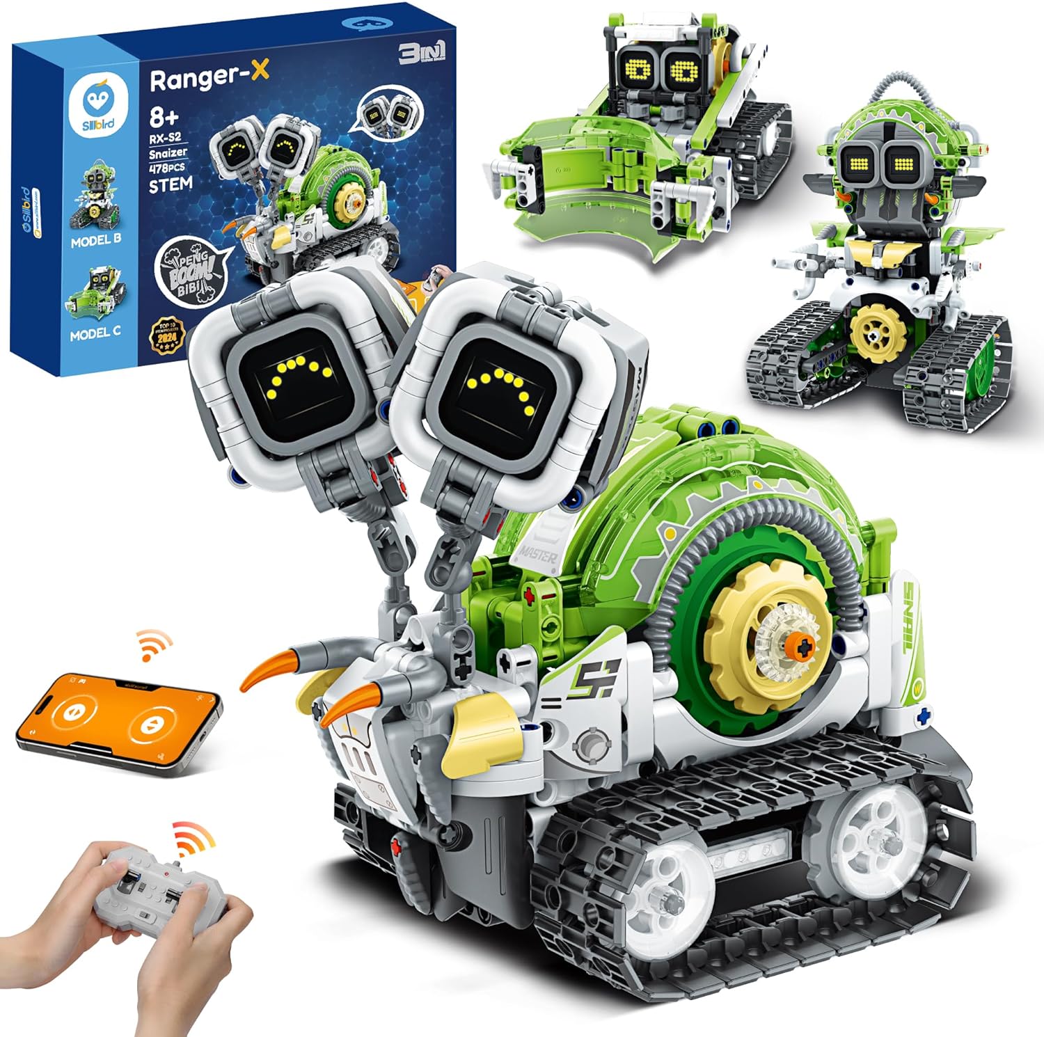 Sillbird STEM Robot Building Sets, 3in1 Remote & App-Controlled Robotic Toys for Kids 8-12 Educational Programmable Coding Kit, Christmas New Year Creative Gift for Boys Girls Aged 8+ (478 Pieces)