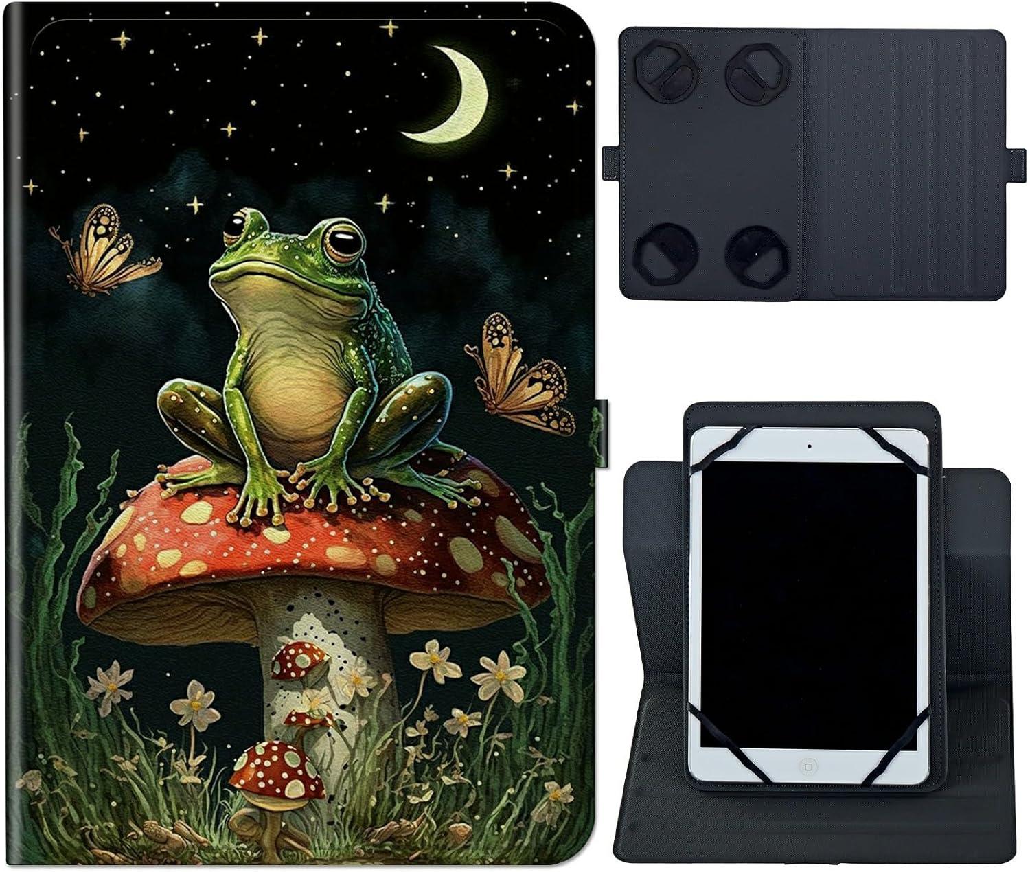 Rossy Universal Case for 10.6 inch 11 inch Tablet,Universal Case for 10.6-11 Inch Touchscreen Tablet,Slim PU Leather Stand Folio Shell Cover with 360 Degree Rotatable Kickstand Viewing,Mushroom Frog