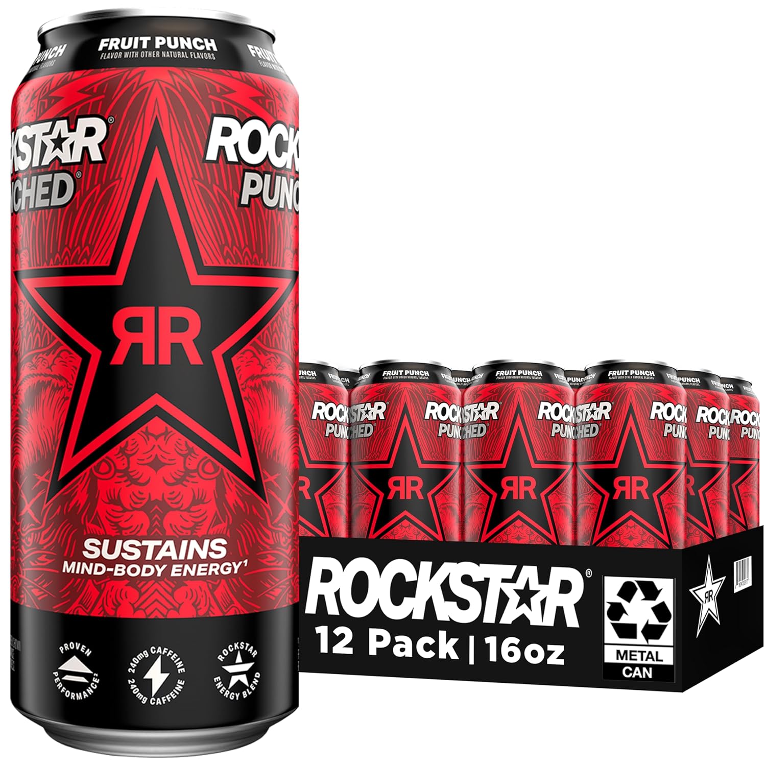 Rockstar Punched Energy Drink, Fruit Punch, 16 Fl Oz (Pack of 12) (Packaging May Vary)