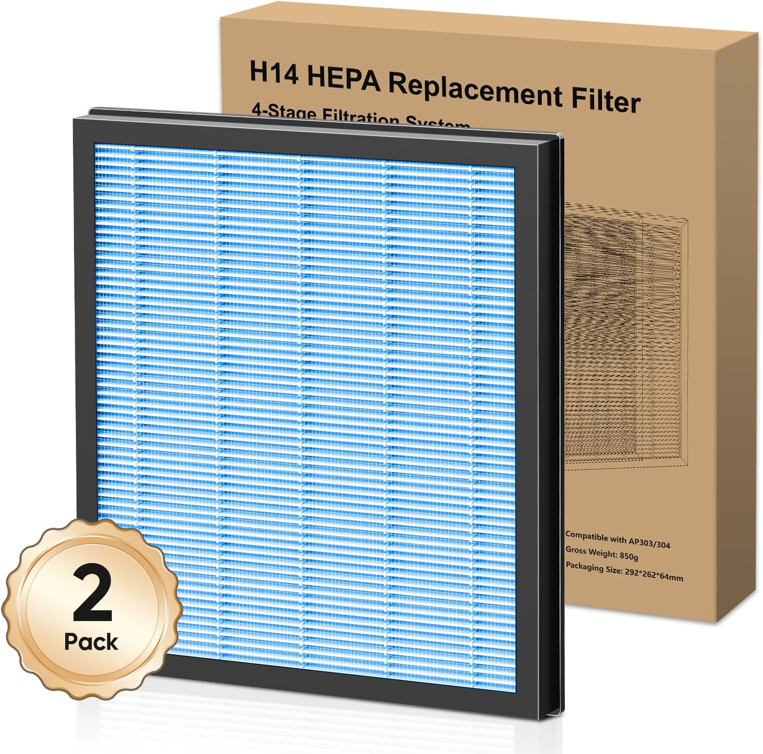 AP303/304 Replacement H14 HEPA Air Purifier Filter, Designed for Smoke Wildfire, Activated Carbon