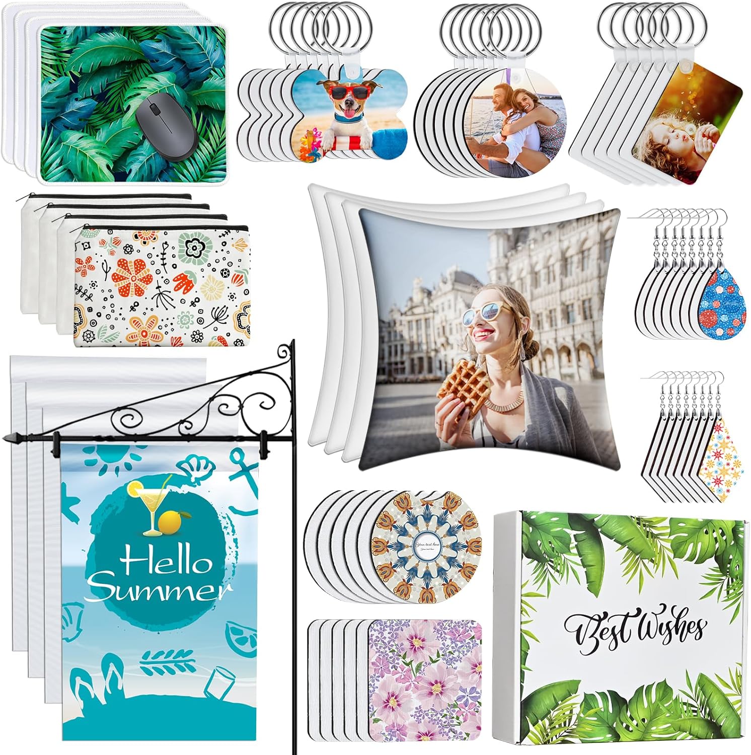 114Pcs Sublimation Blanks Products, Sublimation Blanks Set Including DIY Blank Makeup Bag, Keychain, Earring, Pillow Cover, Mouse Pad, Coaster, Garden Flag for Sublimation Transfer Christmas Craft