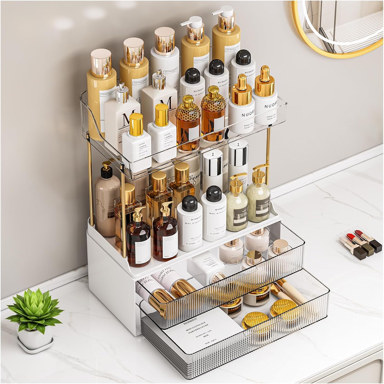 Makeup Organizer – 2 Tier 2 Drawers Bathroom Counter Organizer, Versatile Perfume Organizer, Exquisite Vanity Organizer, Large Skincare Organizers, Clear