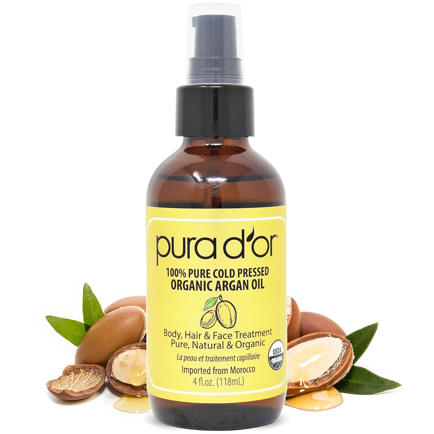 PURA D’OR 4 Oz ORGANIC Moroccan Argan Oil – USDA Certified 100% Pure & Cold Pressed Virgin Premium Grade Natural Moisturizer Treatment For Dry, Damaged Skin, Hair, Face, Body & Scalp – Men & Women