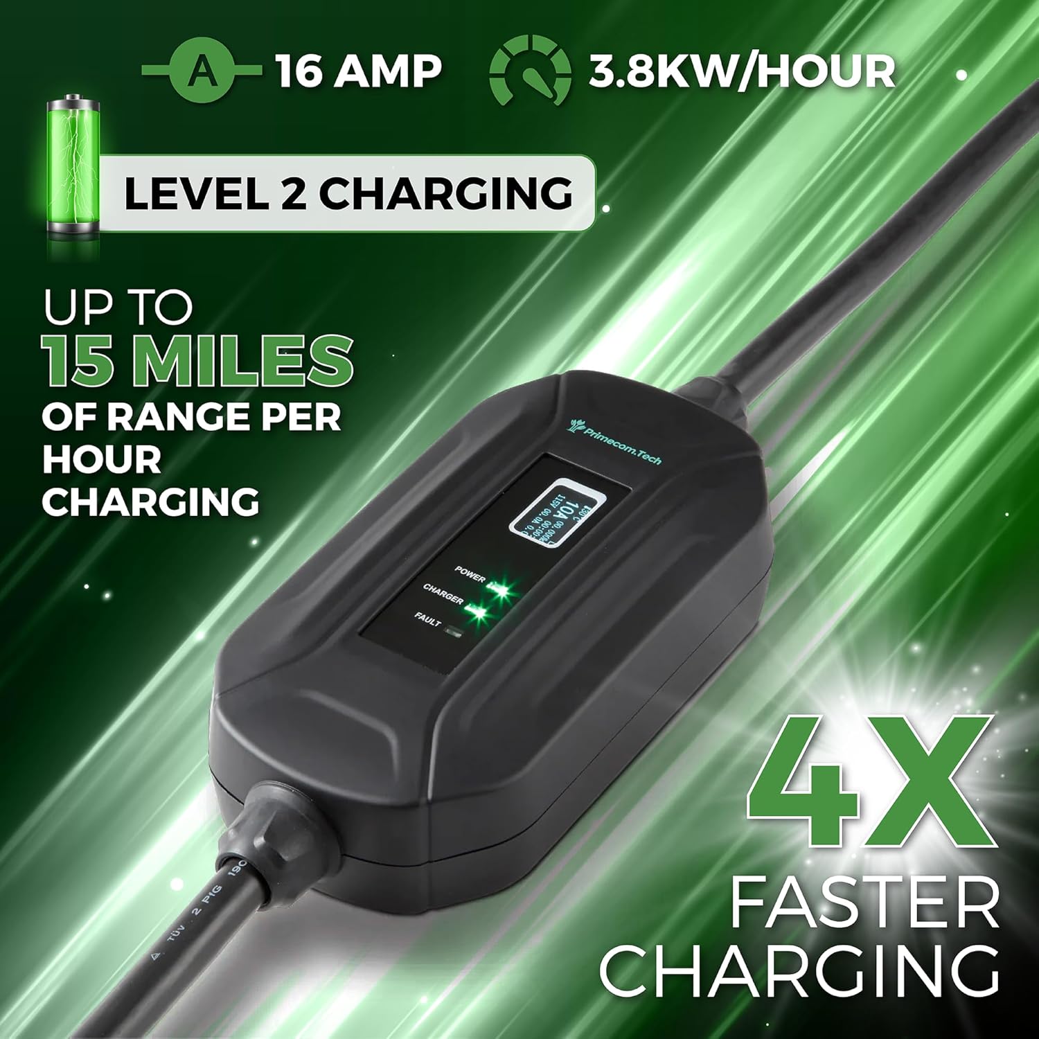 PRIMECOM Level 2 EV Charger 220/240V, 16A, 30ft & 50ft, Portable EVSE Electric Vehicle Charging Cable Compatible with Bolt Volt Leaf BMW i3 Fiat 500e Clarity NIRO Prius (50 Feet, 6-50P)