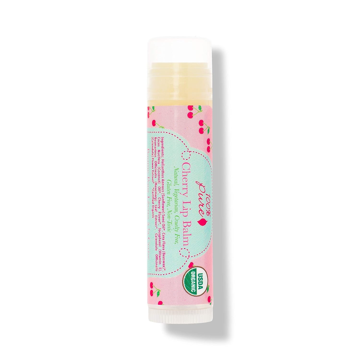 100% PURE Organic Cherry Lip Balm, Moisturizing, Soothing for Dry, Chapped Lips, Made w/Coconut Oil, Vitamin E, Natural Lip Balm – 0.4 oz