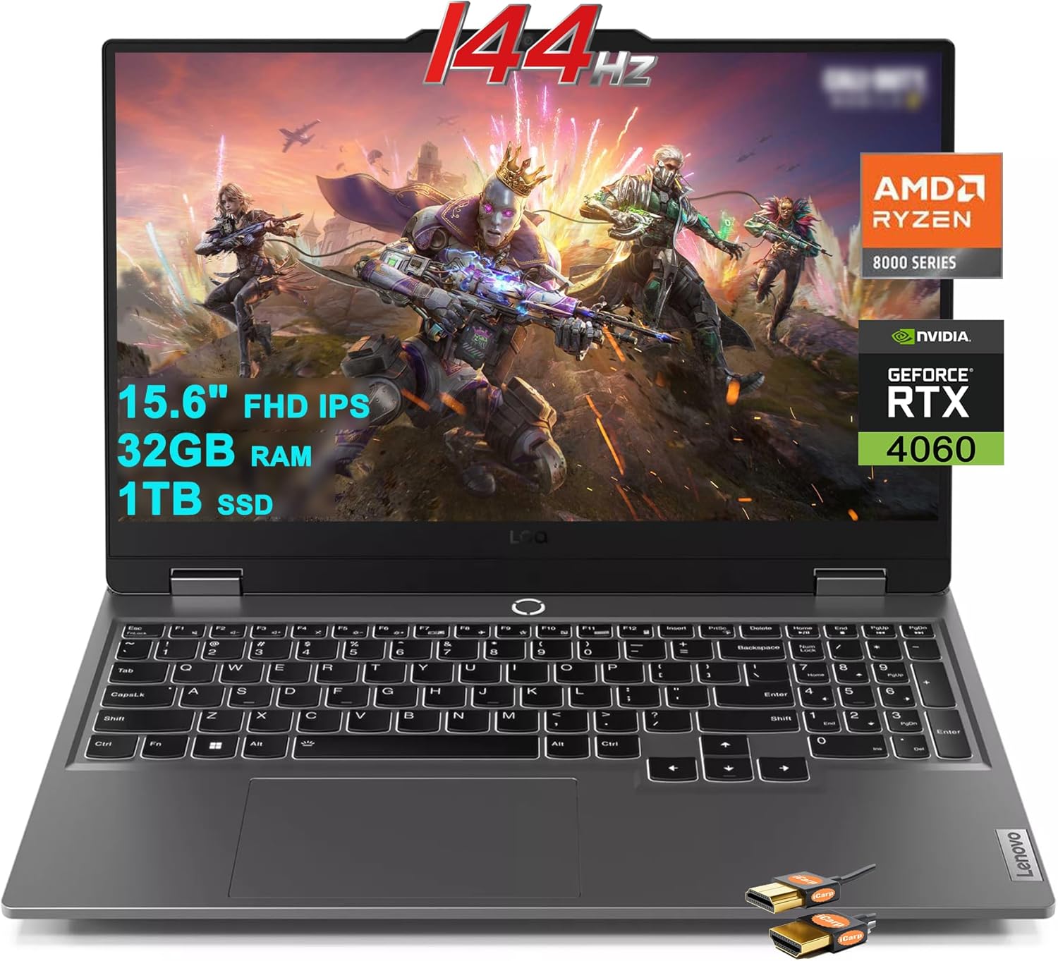 Lenovo LOQ Gaming Laptop 15.6″ FHD IPS 144Hz AMD Zen4 Octa-core Ryzen 7 8845HS (Beat i7-12700H) 32GB RAM 1TB SSD GeForce RTX 4060 8GB Graphic Backlit Nahimic Rapid Charge Pro Win11 Grey + HDMI Cable