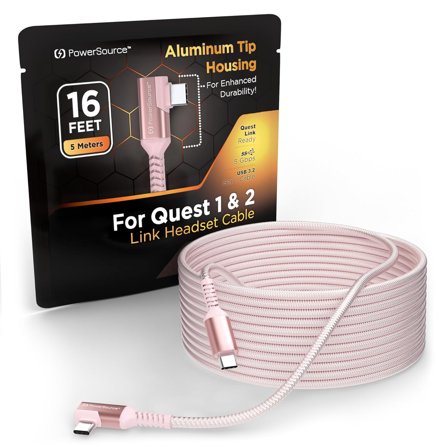 PowerSource 16ft Long for Quest 1 & 2 Braided Pink Link Cable for High Speed Data Transfer & Charging, 5m USB-C for Gaming Laptops & PCs, Aluminum Shell, Provides Maximum Data Transfer Rates