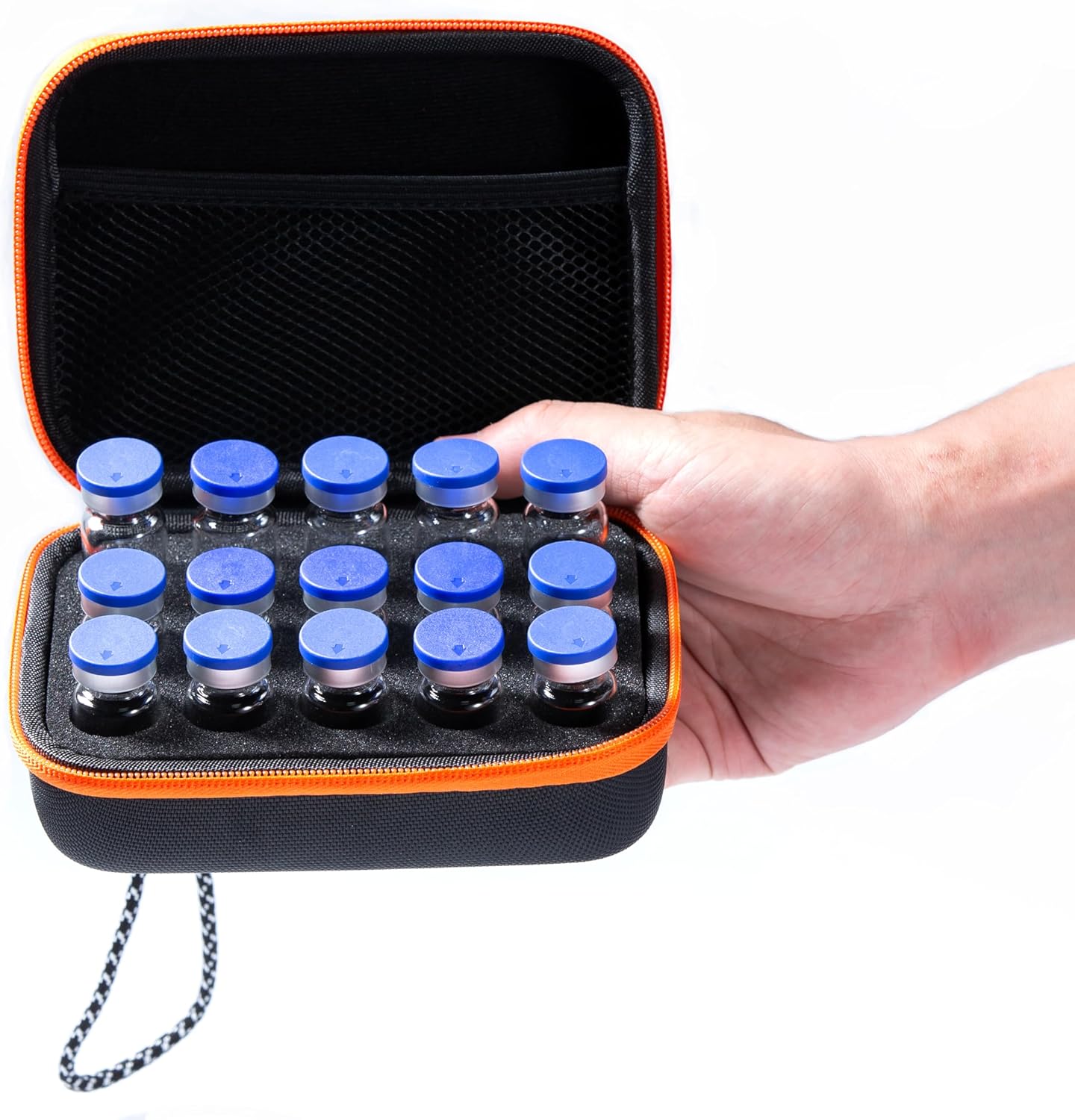 15 Slots Insulin Vial Storage Box for Diabetics of 10ml U-100 Vial Safe,No Ice Pack,Black and Orange Edge