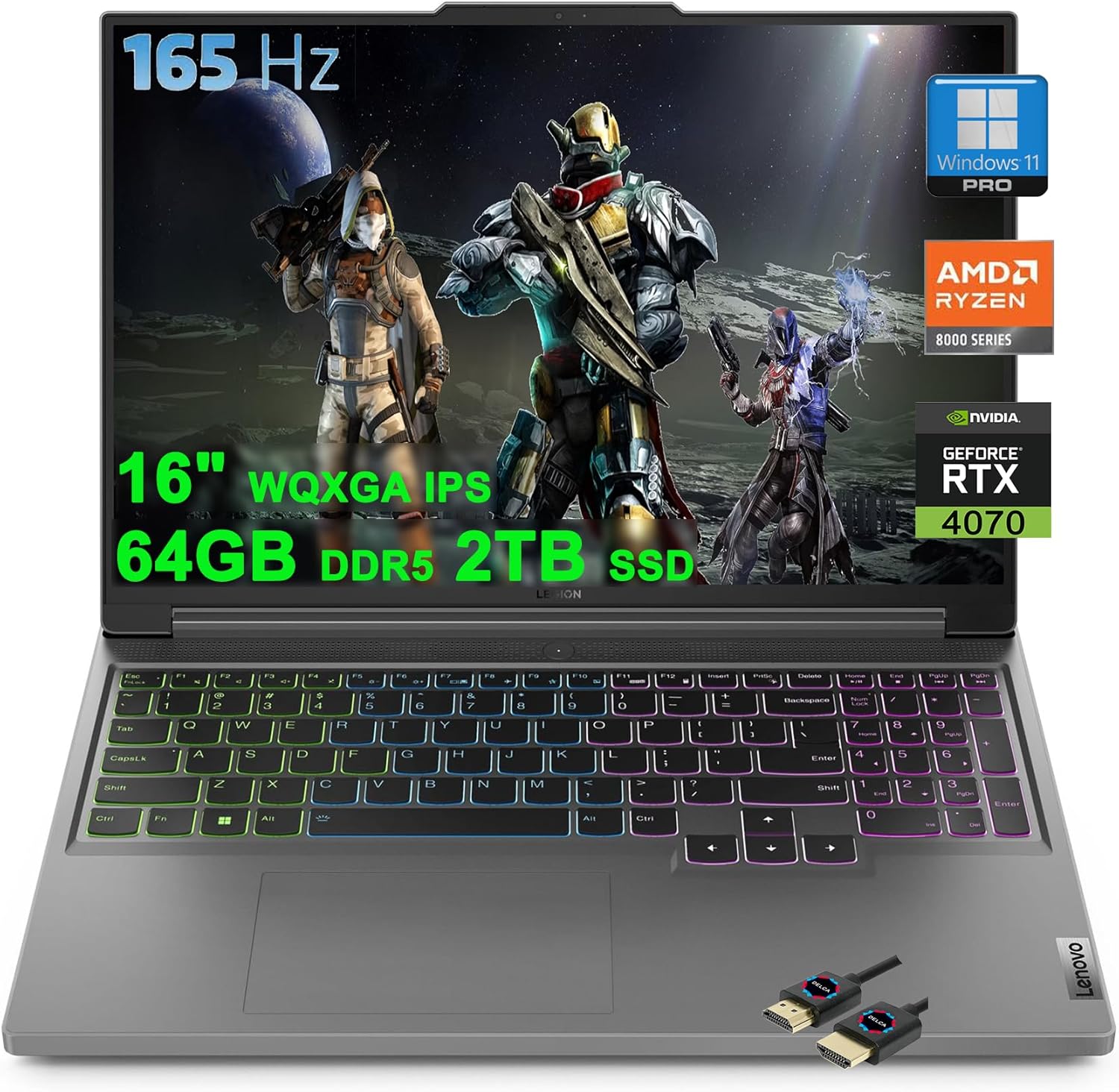 Lenovo Legion Slim 5 Gaming Laptop | 16″ QHD+ 2560×1600 165Hz 100% sRGB G-SYNC | AMD Zen 4 8-Core Ryzen 7 8845HS (>i7-12700H) | 64GB DDR5 2TB SSD | GeForce RTX 4070 | RGB Backlit Win11Pro,HDMI Cable