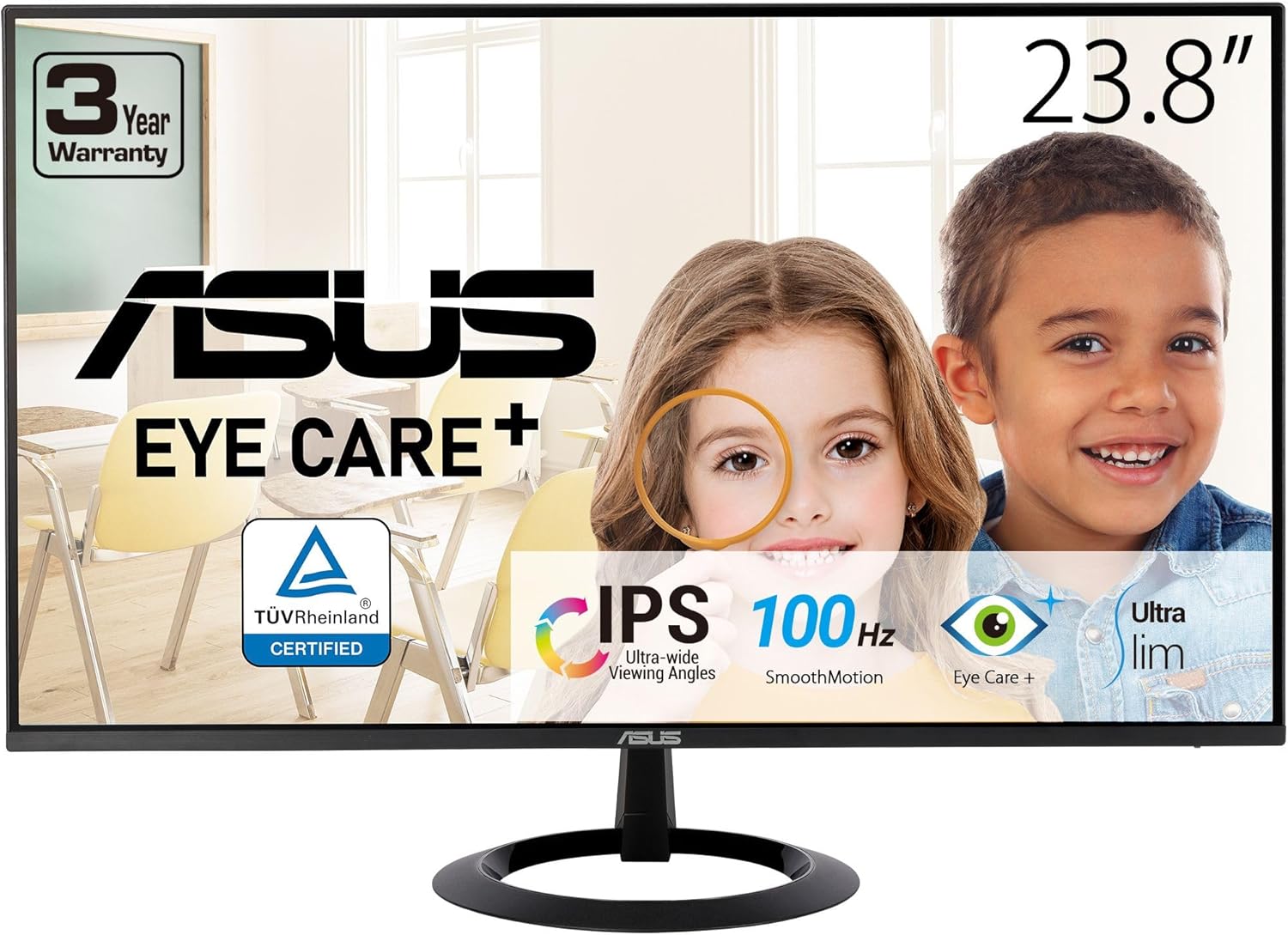 ASUS 24” (23.8-inch viewable) Eye Care Monitor (VZ24EHF) – IPS, Full HD (1920 x 1080), Frameless, 100Hz, Adaptive-Sync, 1ms, HDMI, Low Blue Light, Flicker Free, Ultra-Slim Profile, 3 Year Warranty