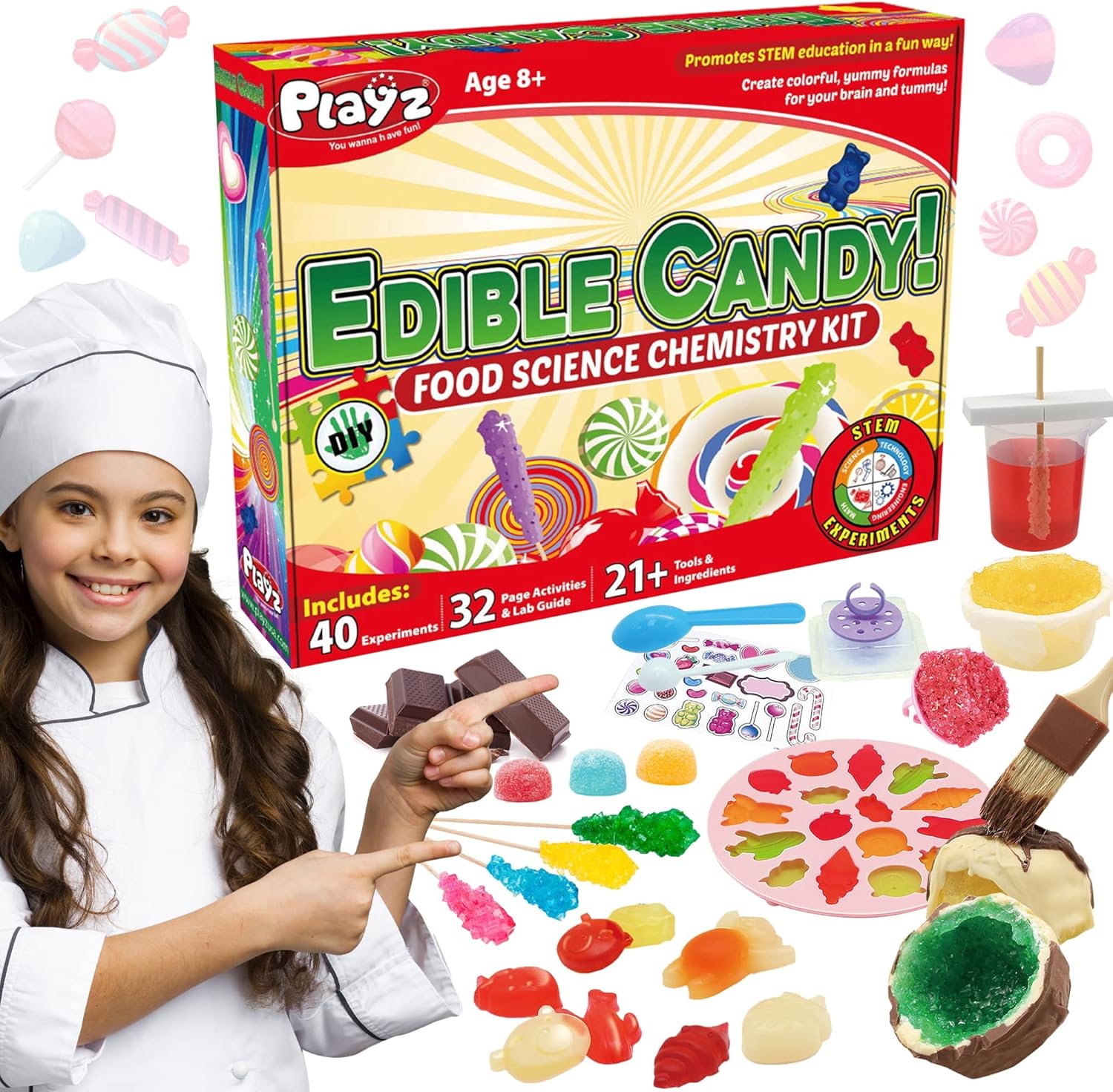 Playz Edible Candy Making Science Kit for Kids Ages 8-12 Years Old – Food Science Chemistry Kid Science Kit with 40 Experiments to Make Your Own Chocolates, Educational Science Kits for Boy & Girls