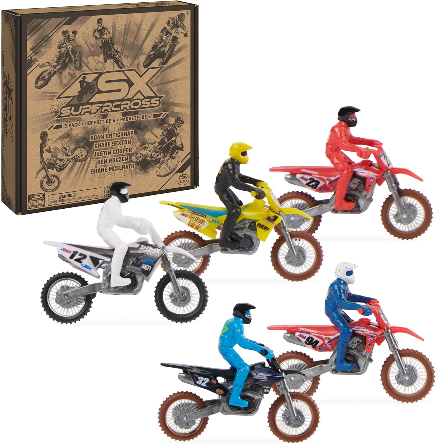 Supercross, Authentic 5-Pack of 1:24 Scale Die-Cast Motorcycles with Rider Figure, Toy Moto Bike for Kids and Collectors Ages 3 and up