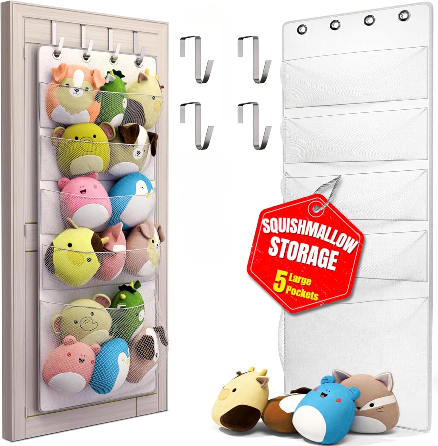 Squishmallow Holder – Over The Door Space Saving Storage Solution with 5 Large Pockets – Quick 1-Minute Installation – Organize and Display Squishmallows – Durable and Easy Access for Kids