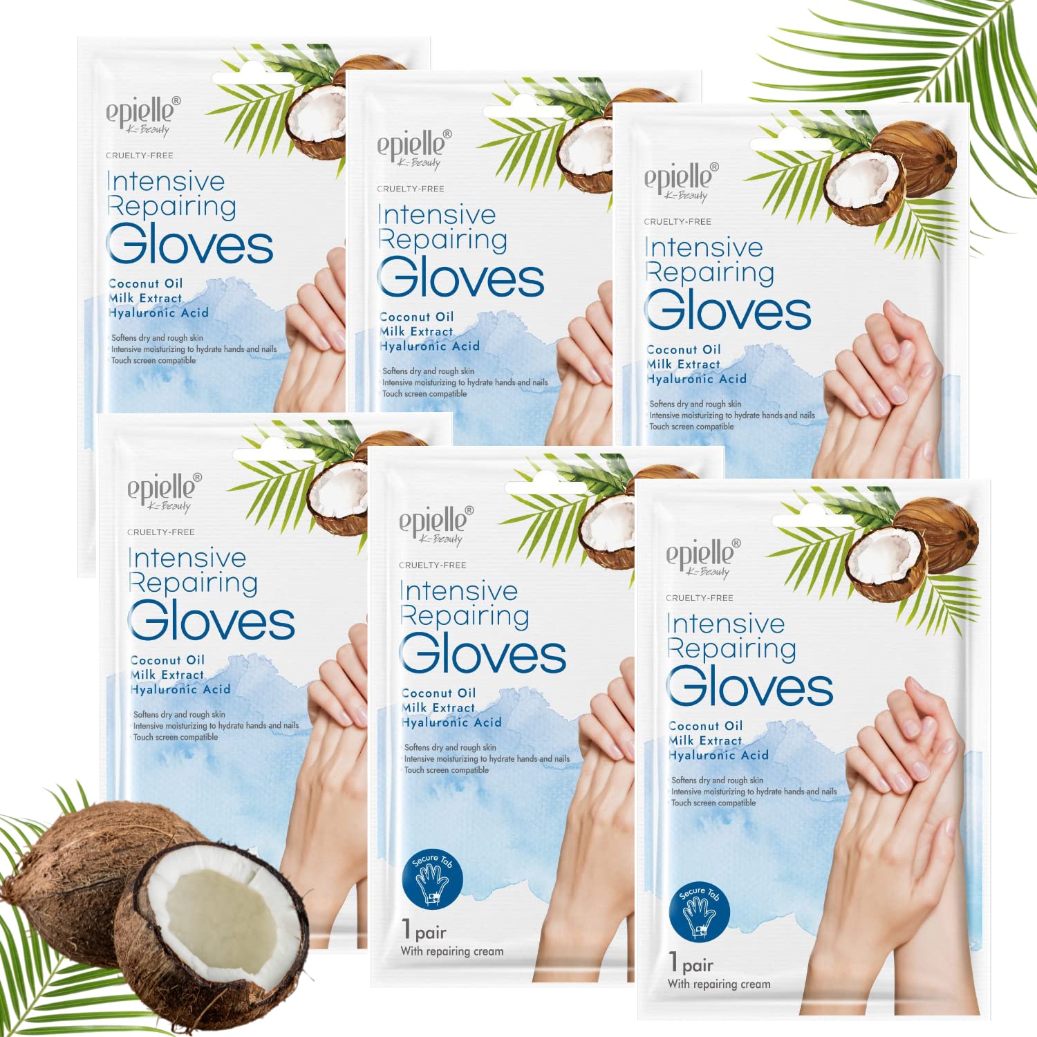 Epielle Intensive Repairing Gloves for Dry and Cracked Hands – 6 Pack | Coconut Oil, Milk Extract, Hyaluronic Acid | Beauty and Skincare Gifts