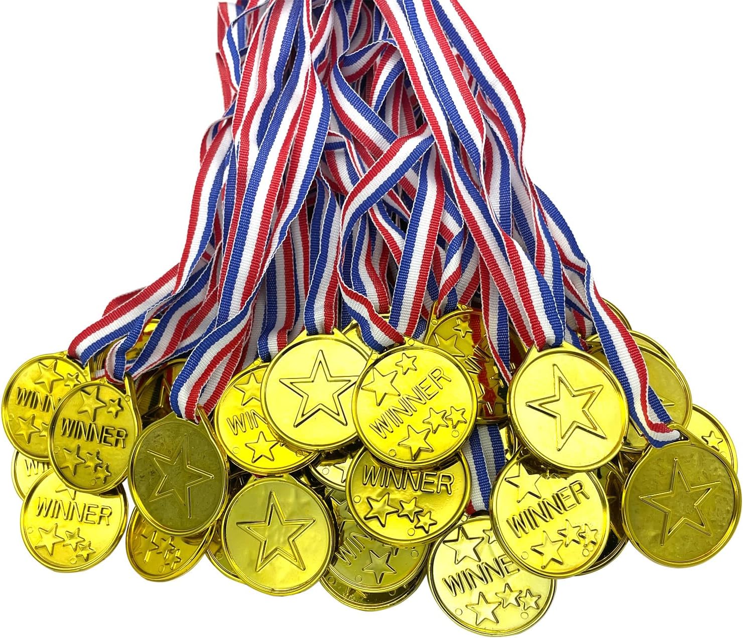 50 Pcs Gold Plastic Winner Medals Award Medals for Kids School Sports, Soccer Competitions, Games, Talent Show, Gymnastic, Party Favors, Dress Up or Celebration Souvenir