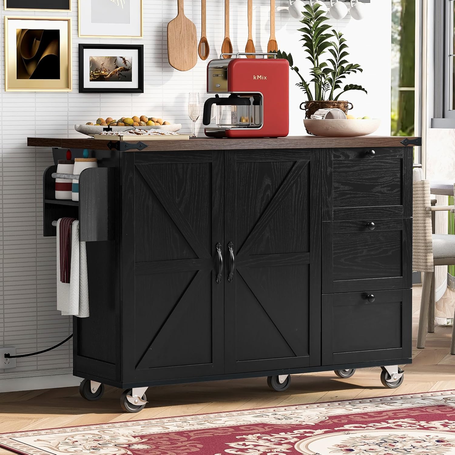 54.5″ Farmhouse Kitchen Island with Power Outlet, Kitchen Storage Island with Internal Storage Rack, Drop Leaf, Spice Rack, Rolling Kitchen Cart on Wheels, for Home, Kitchen and Dining Room,Black