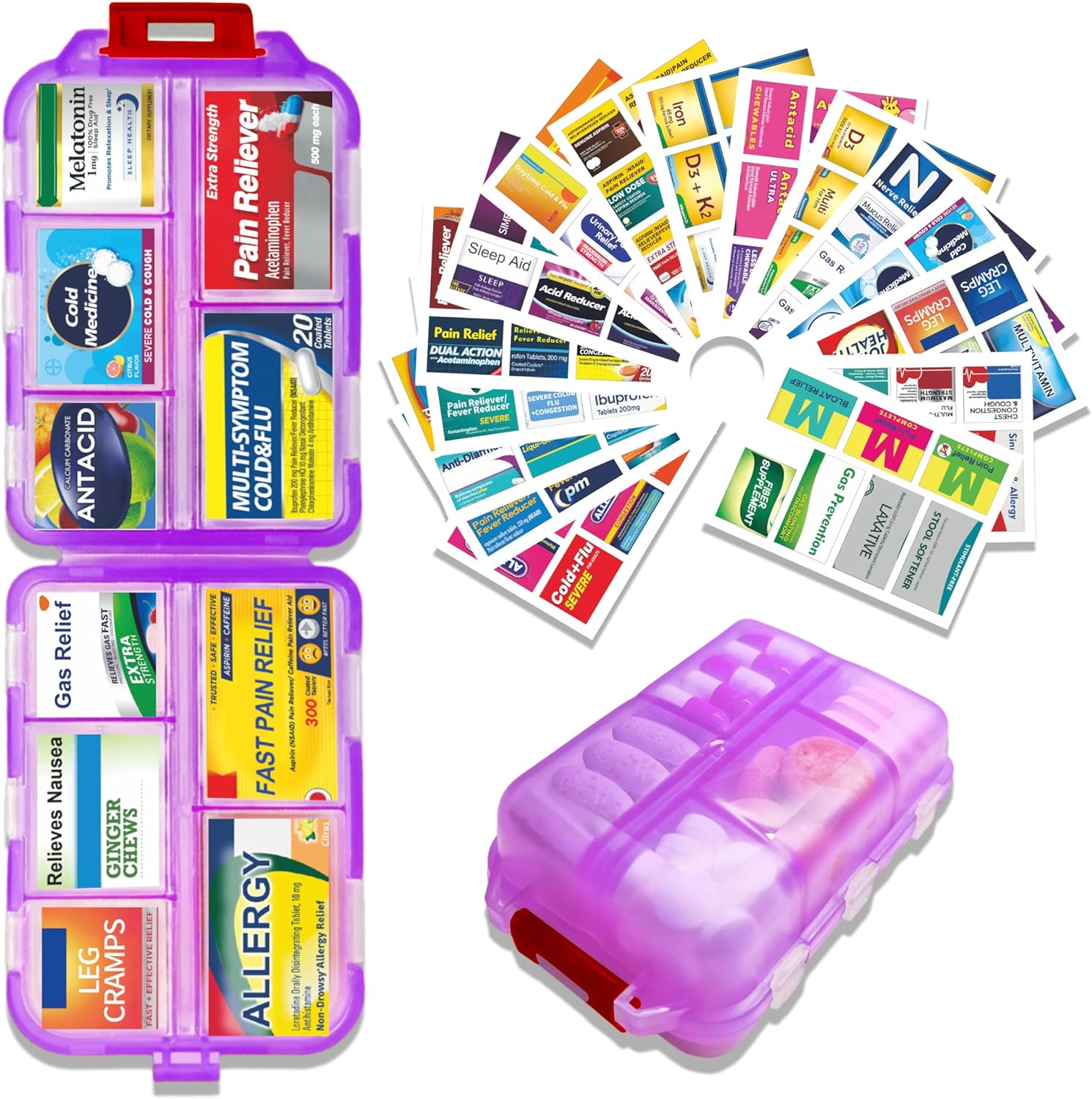 Large Pill Organizer with 161 Medicine Labels – Mini Daily Medication Storage Case Durable and Compact Pill Holder 7-Day Pill Organizer – Purple