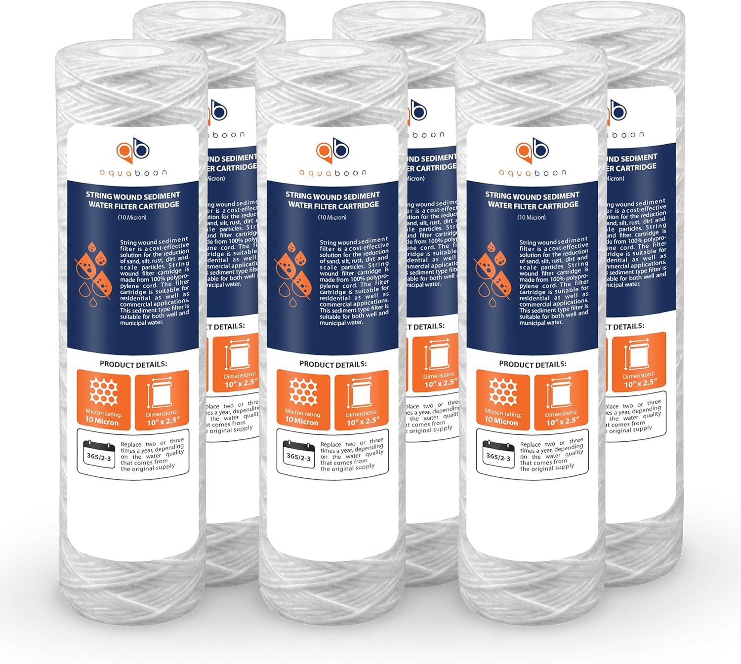 Aquaboon String Wound Water Filter Cartridge – Whole House 10 Micron Water Filter 10 x 2.5 Replacement for Well Filter Matches WHKF-WHSW, P5, 6-Pack