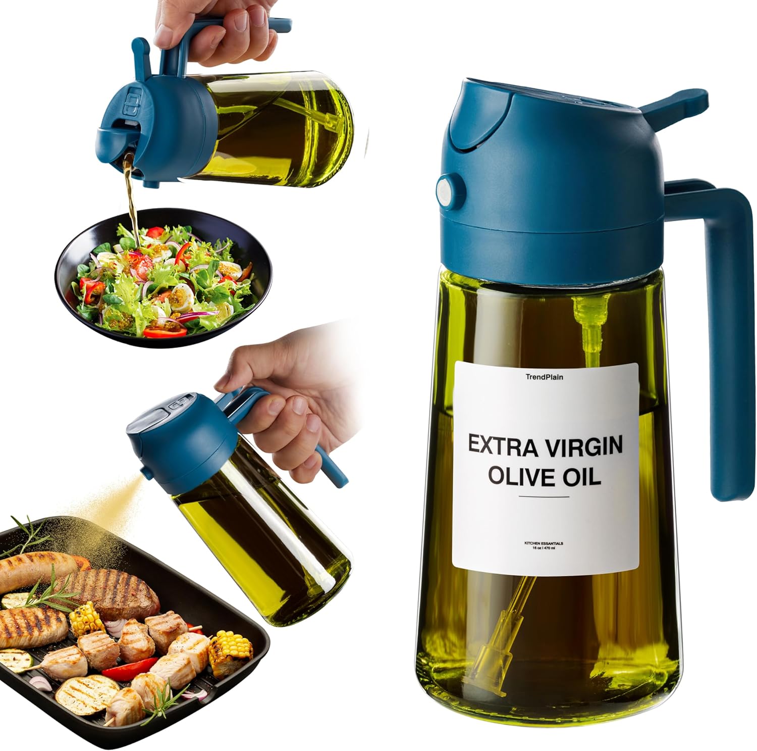 TrendPlain – 16oz Olive Oil Dispenser for Kitchen – 2 in 1 Olive Oil Dispenser and Oil Sprayer – Olive Oil Dispenser Bottle w/Stickers – Olive Oil Sprayer for Cooking Navy (Light Blockage)