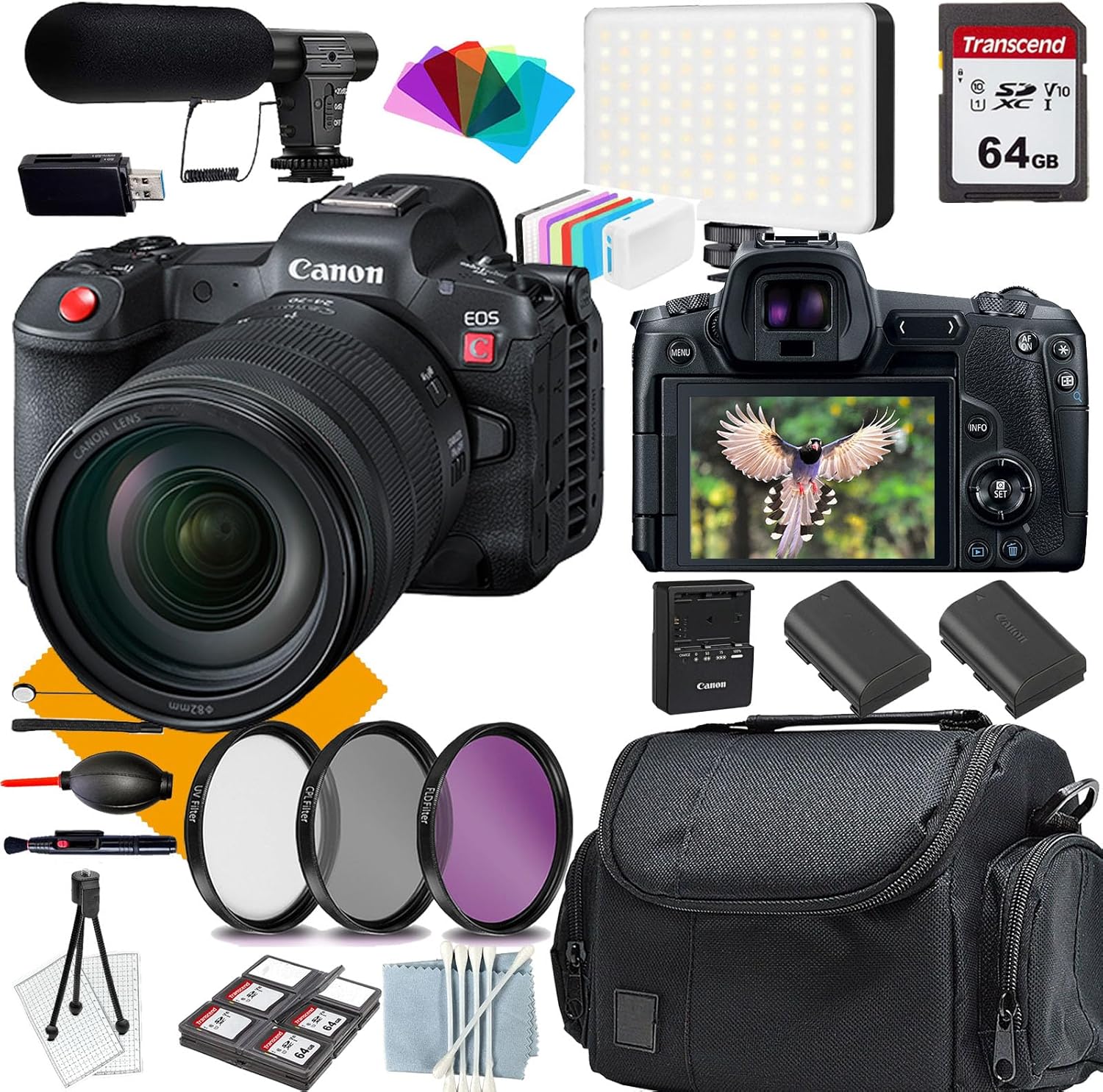 Canon EOS R5 C Mirrorless Cinema Camera 24-105USM Lens+ Commander Starter Kit + Lens Filters + CASE + 64GB Memory Card+Extra Battery+Shot-Gun Microphone (18PC Bundle) (Renewed)