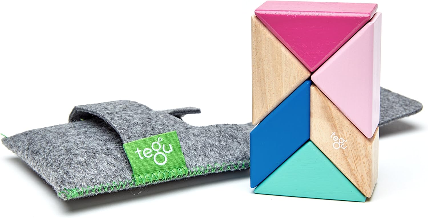 6 Piece Tegu Pocket Pouch Prism Magnetic Wooden Block Set, Blossom