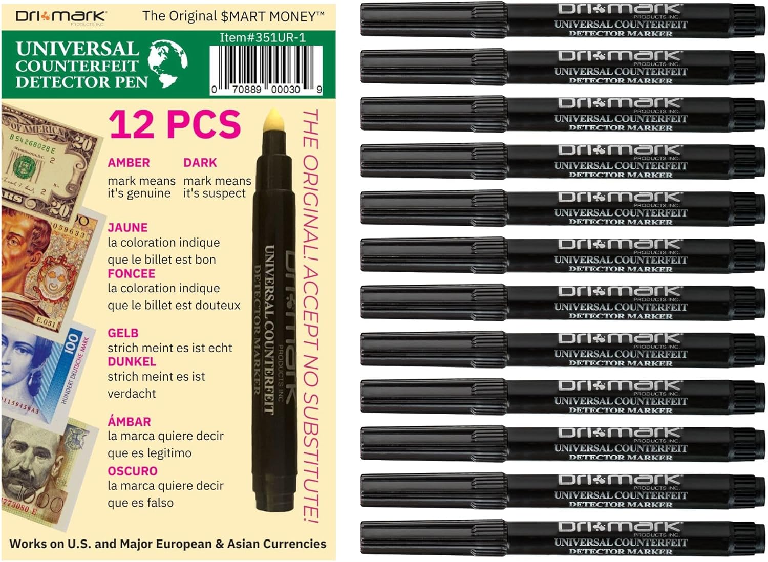 Dri Mark Universal International Counterfeit Pen, 3 Times More Ink, Fake Money Checker, Money Loss Prevention Tester & Fraud Protection for U.S. and International Currency, Made in The USA (12 Pack)