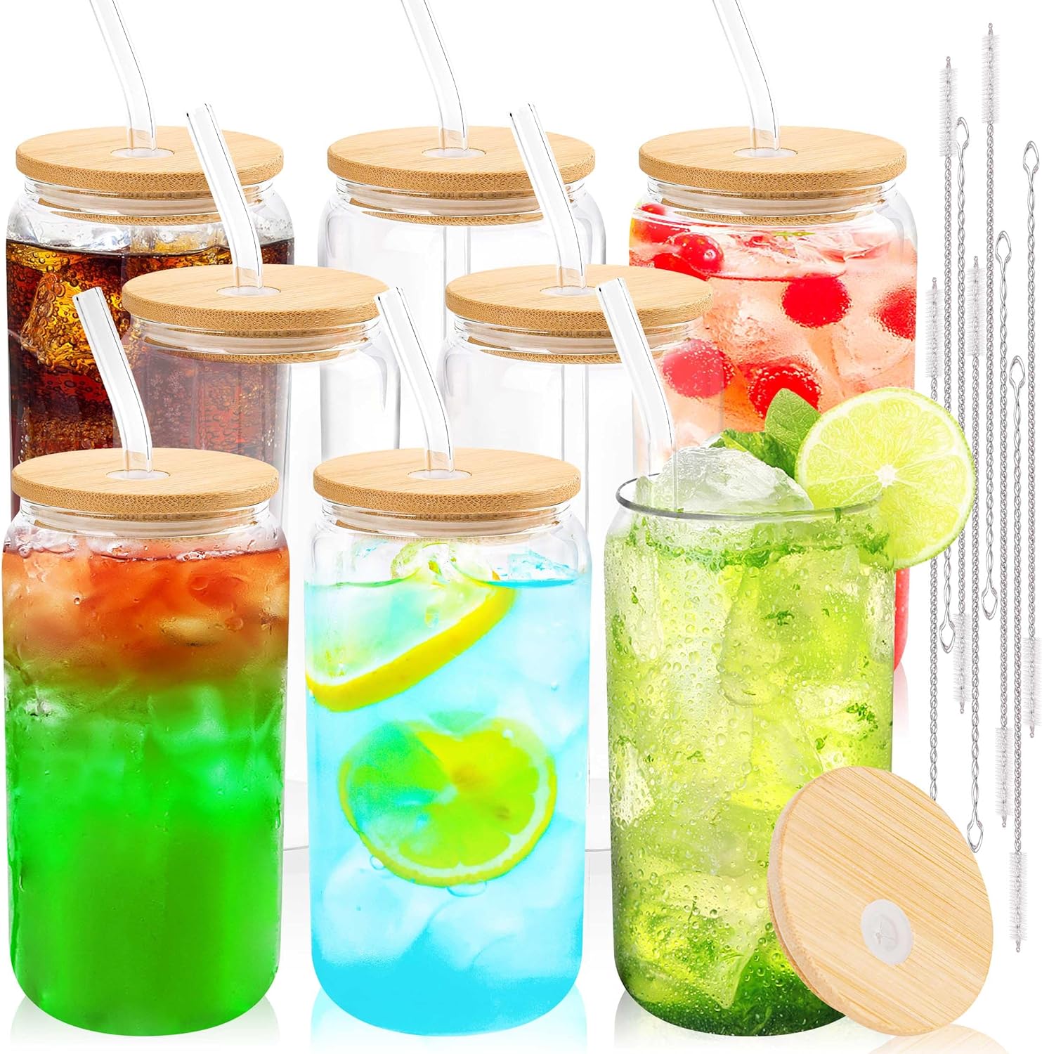 Joyclub Glass Cups with Bamboo Lids and Straws 8 Set 16 oz Reusable Iced Coffee Cup Beer Can Drinking Jars for Smoothie Whiskey Boba Soda Tea Gift