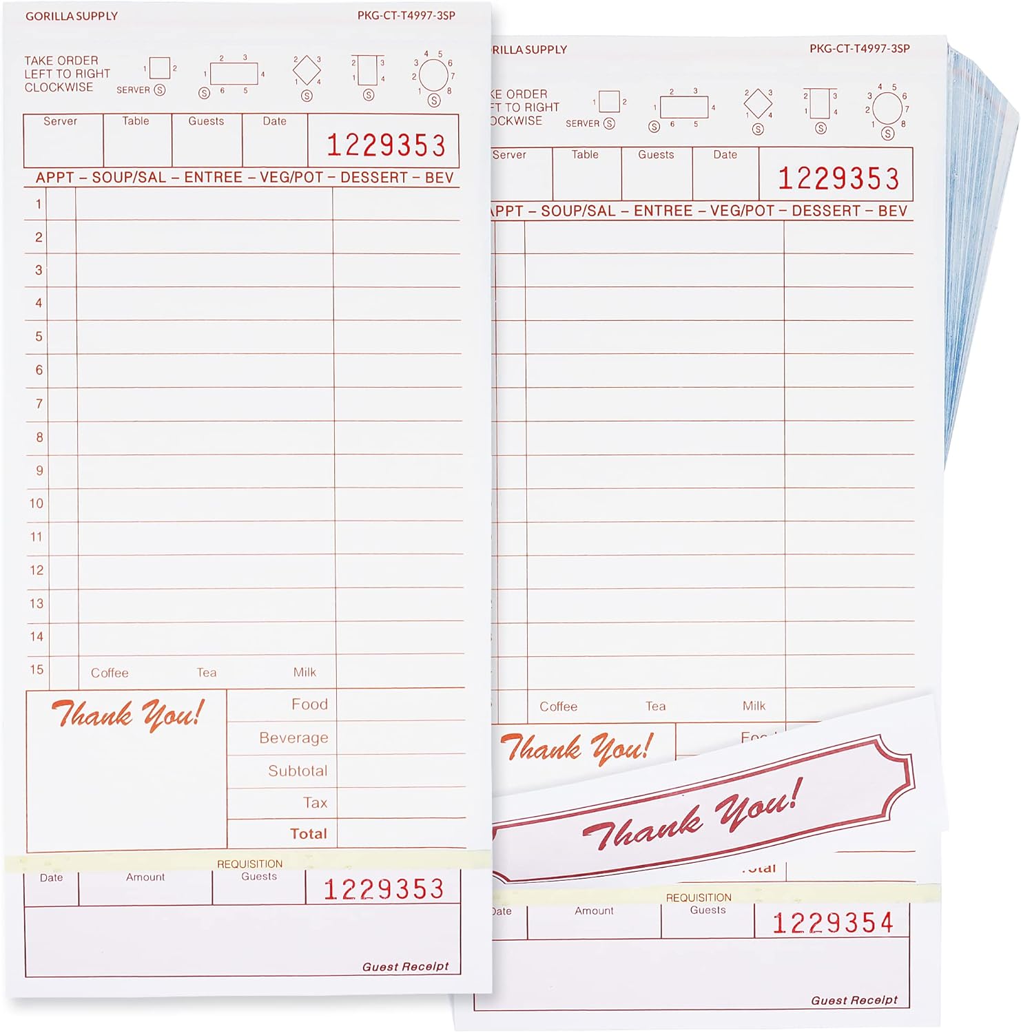 [250] Gorilla Supply Guest Check 4.25″ x 8.5″ 3-Part Carbonless Perforated Loose Server Order Checks with 15 Lines, Tan, 250 Sets