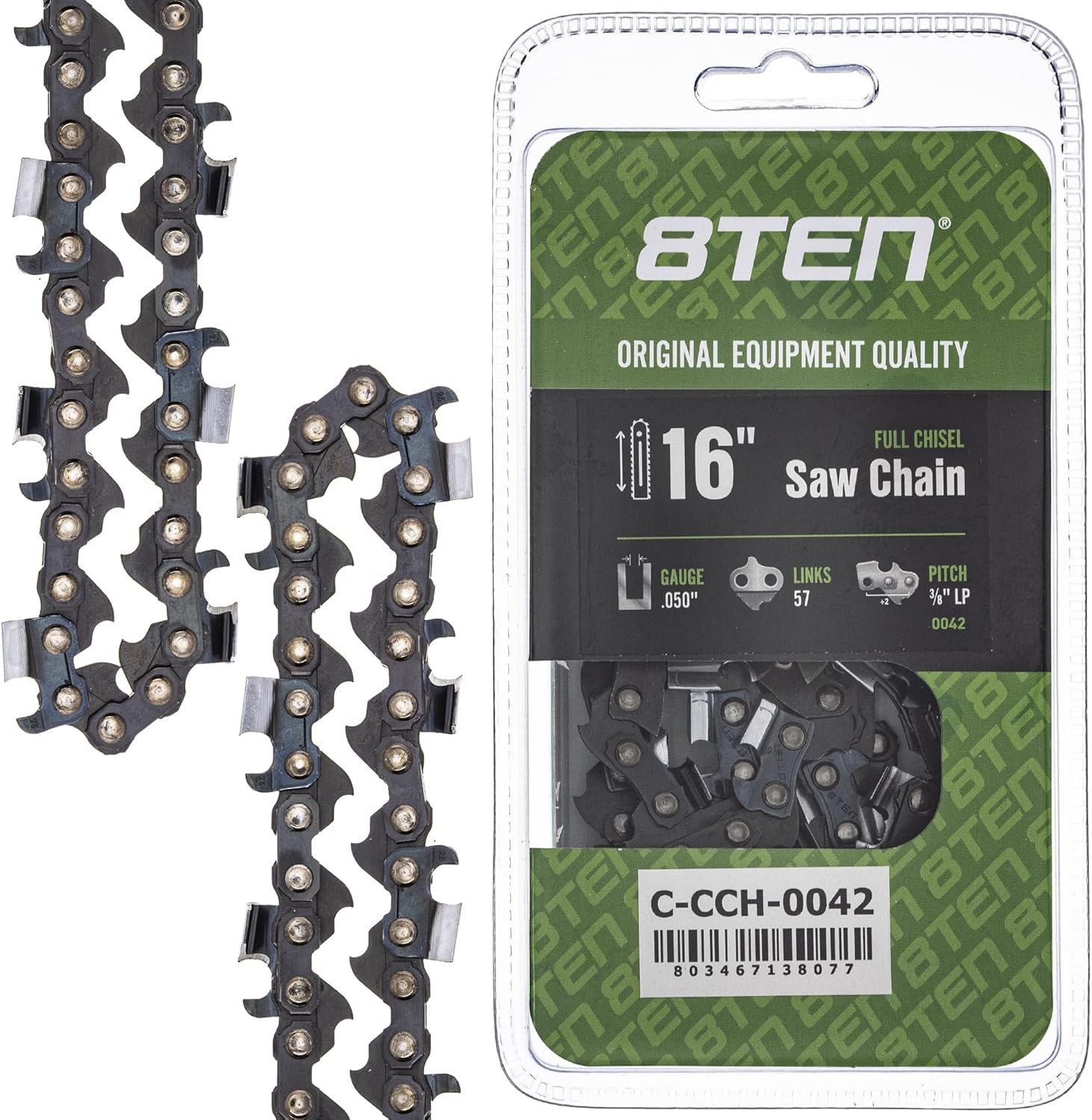 8TEN Full Chisel Chainsaw Chain 16 Inch .050 3/8 LP 57 DL For Echo CS-370 CS-400 CS-352 Craftsman CMXGSAMY426S