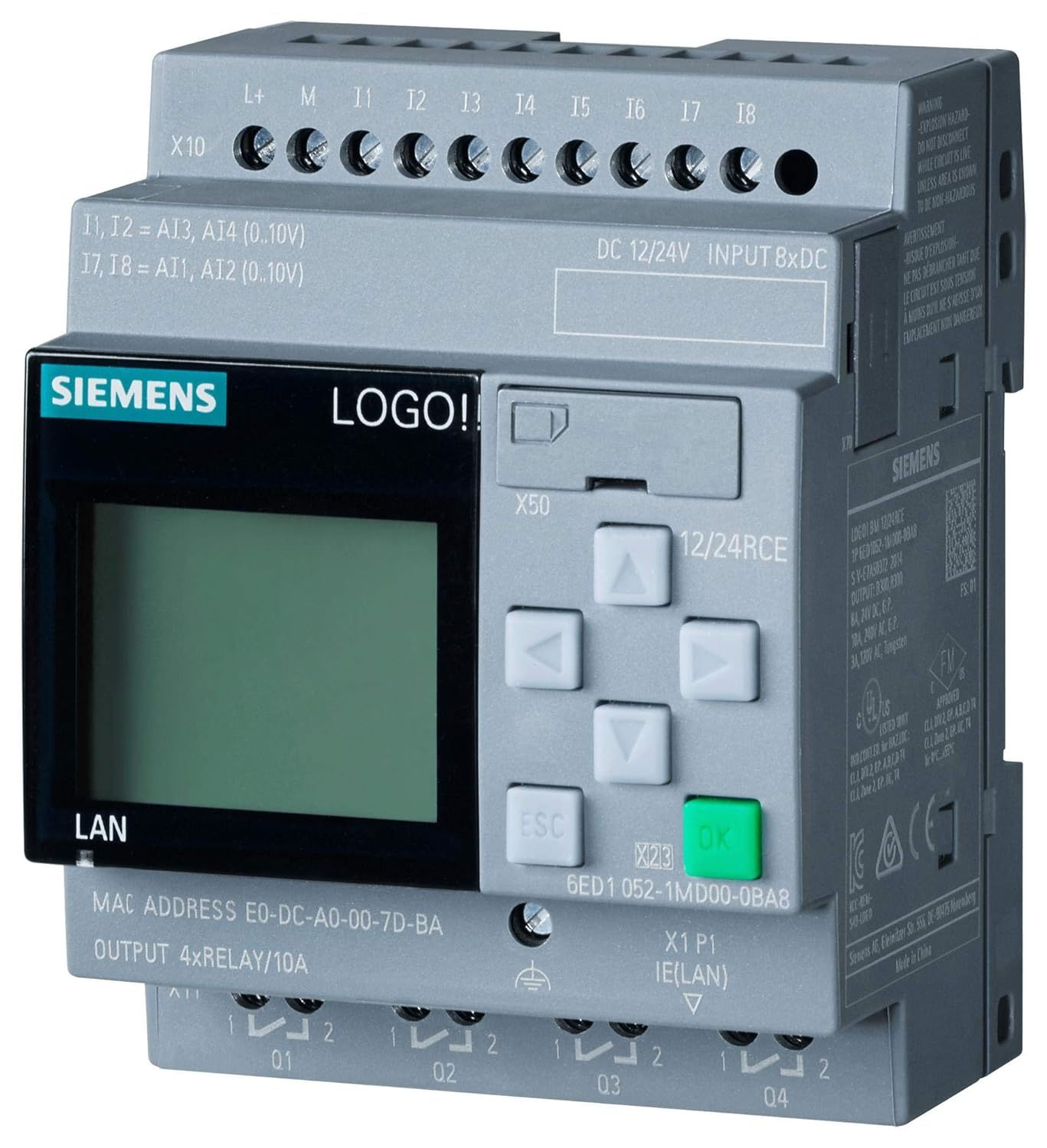 Siemens 6ED1052-1MD08-0BA0 LOGO! 12/24RCE, logic module, disp PS/I/O: 12/24VDC/relay, 8 DI (4AI)/4DO, memory 400 blocks, modular expandable, Ethernet