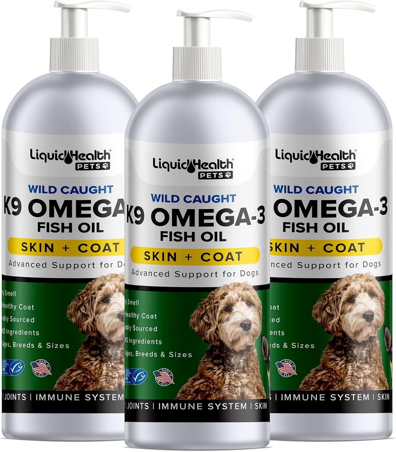 Liquid Health Pets K9 Omega 3 Fish Oil for Dogs – Liquid Omega 3 for Dogs with EPA + DPA + DHA, Dog Shedding Suplement May Reduce Itching and Support Joint, Immunity, Brain & Heart Health (3pack)