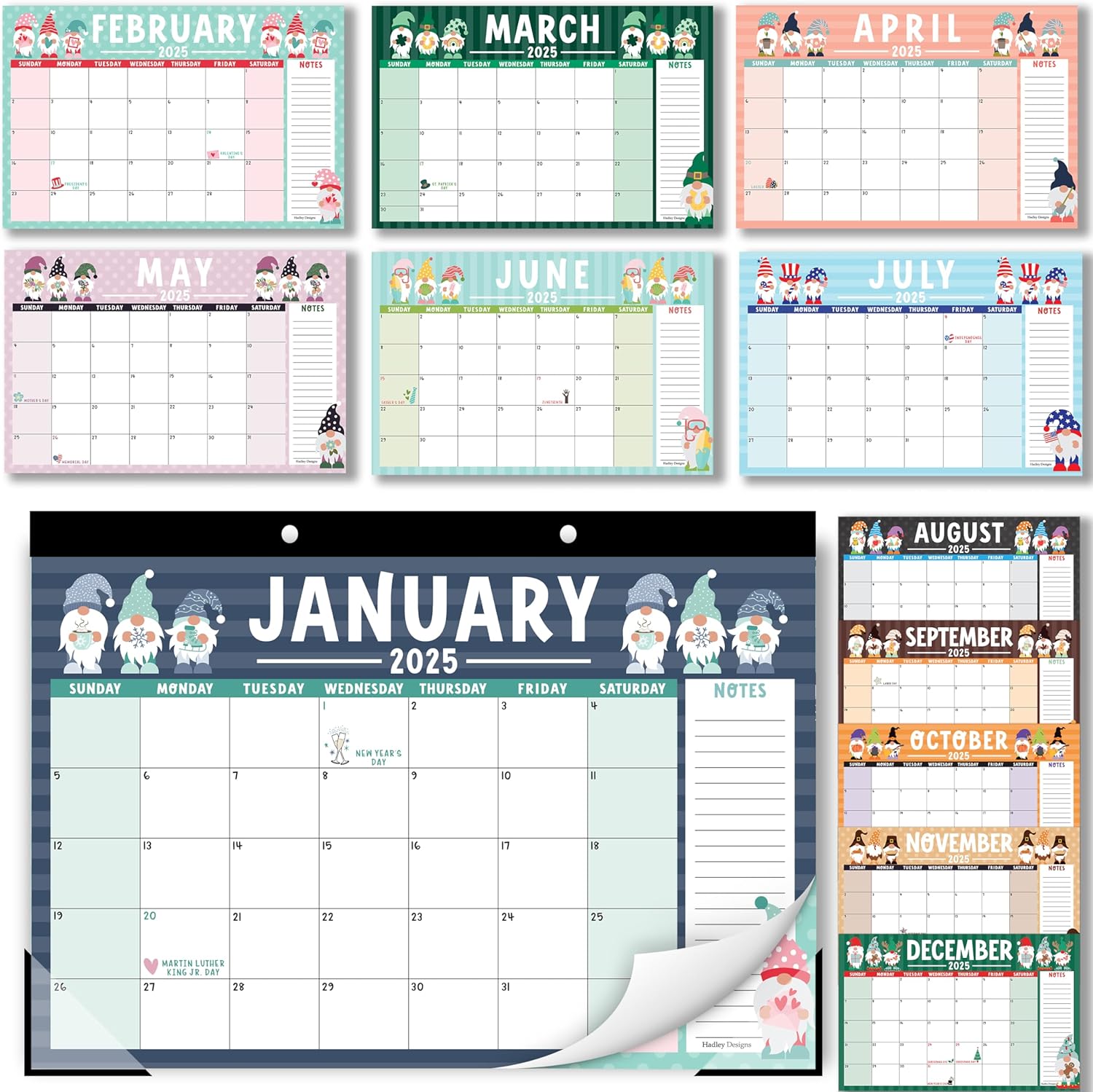 Hadley Designs Large Desk Calendar 2025-2026 – 18-Month Desktop Calendar 2025 for Organized Planning, 17″ x 11″ 2025 Desk Calendar for Home, School and Office (Gnome)