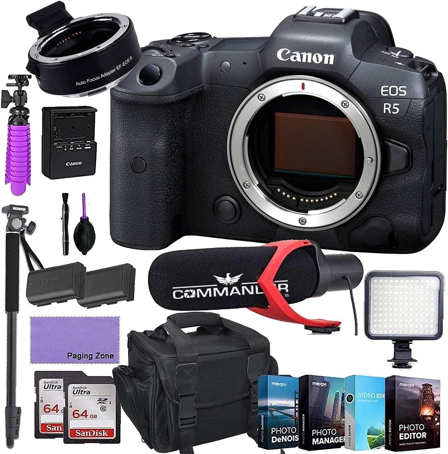 Canon EOS R5 Mirrorless Digital Camera (Body Only) and Mount Adapter EF-EOS R kit Bundled with Deluxe Accessories Like Pro Microphone, High Power LED, 4-Pack Photo Editing Software and More (Renewed)