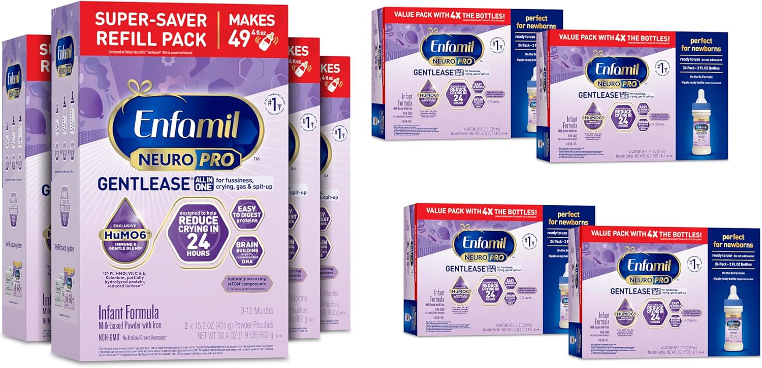 Enfamil NeuroPro Gentlease Baby Formula, HuMO6 Immune Blend, Infant Formula Powder, Baby Milk, 30.4 Oz (Pack of 4) + Ready-to-Feed Infant Formula, Liquid, 2 Fl Oz (24 Count)