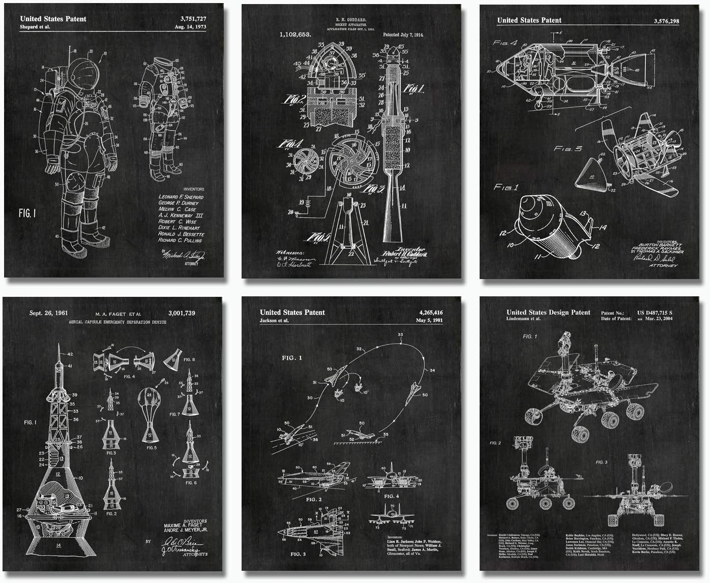 Space Decor Gifts – Outer Space Themed Bedroom Decorations – 6 (8×10 inch) UNFRAMED Wall Art Prints – Astronaut Geek Aerospace Engineering Science Lovers – Kids Room Patent Blueprint NASA